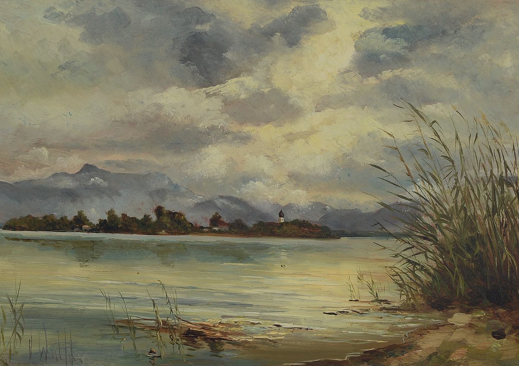 Detail a: Dieter Wulff, geb. 1929 Danzig,, StuttgarterMaler, hier fünf Ölgemälde: Vorfrühling am See (bei Schafwaschen), ca. 18 x 30 cm, Seelandschaft ...