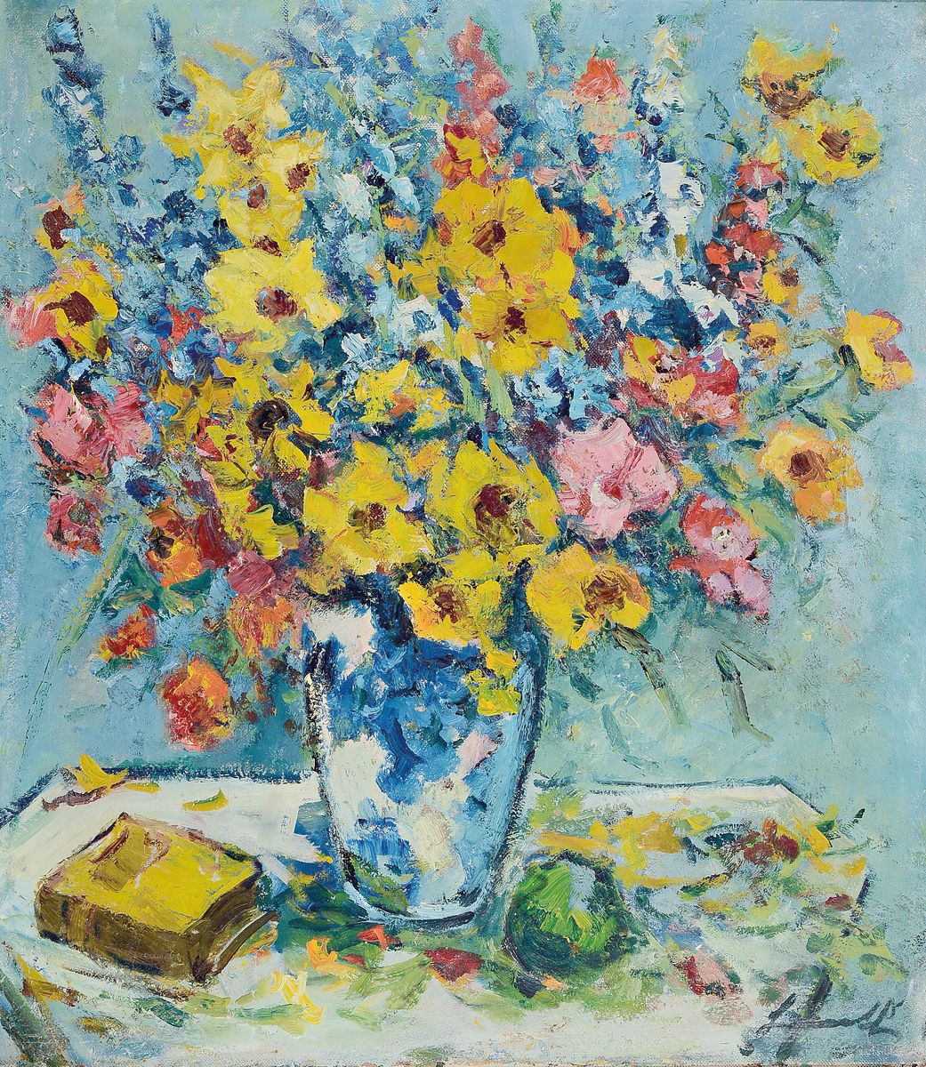 Robert Lauth, 1896-1985 Ludwigshafen am Rhein, Blumenstillleben mit Buch, Öl/Lwd, rechts unten signiert, ca. 80x70cm, Rahmen besch.