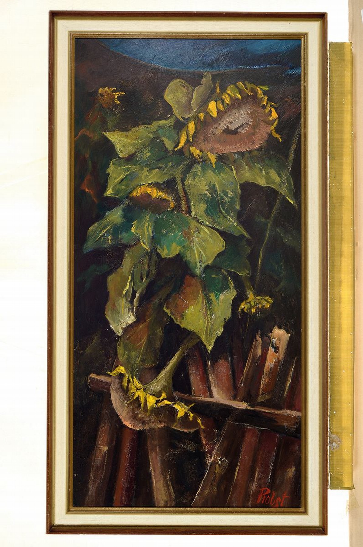 Detail k: Franz Probst, 1912 Füssen-1999, Sonnenblumen, Öl/Hartfaser, rechts unten signiert, ca. 83x41cm, R. ca. 91x48cm