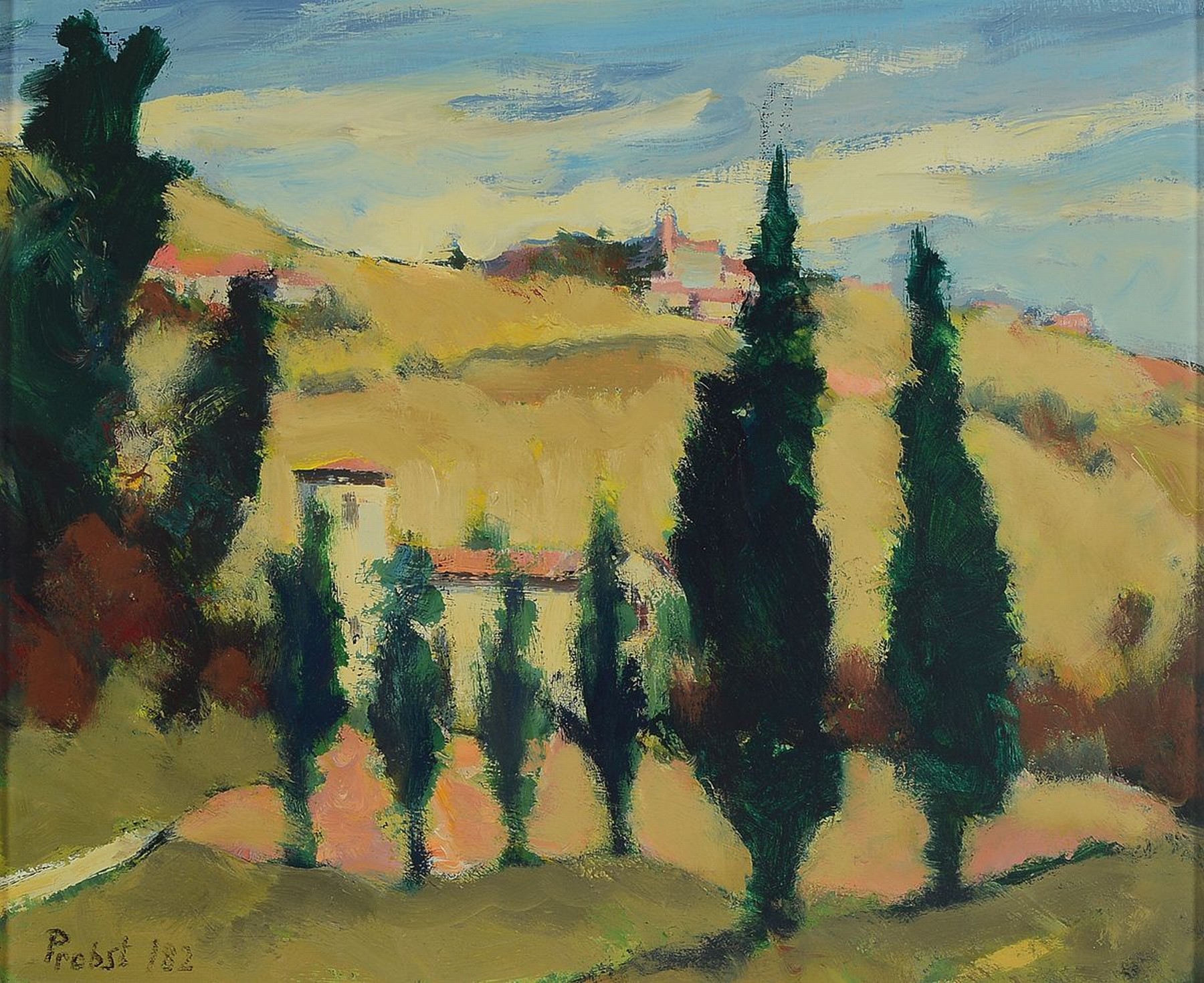 Franz Probst, 1912 Füssen-1999, Landschaft in der Toskana, Öl/Hartfaser, links unten signiert und bez.: 182, ca. 25x30cm, R. ca. 37x42cm