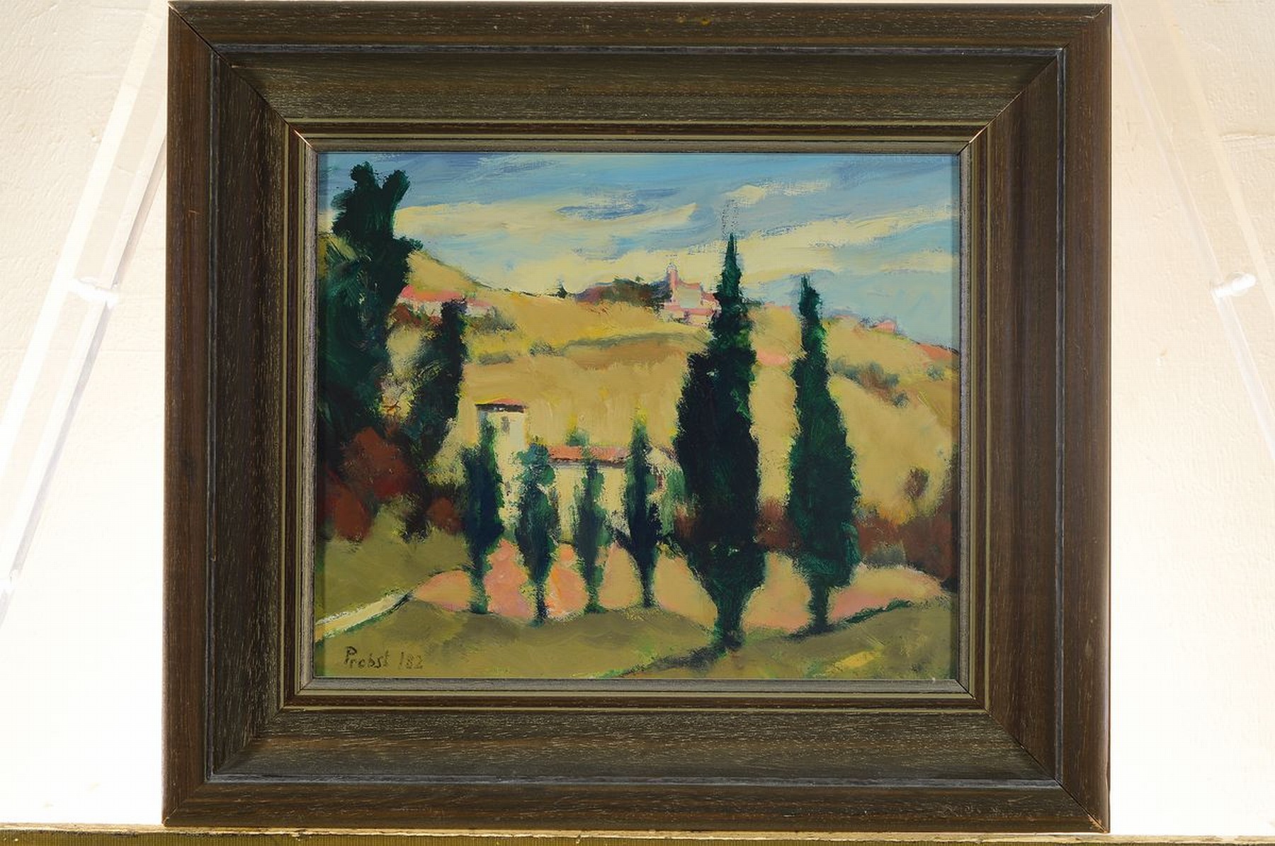 Detail k: Franz Probst, 1912 Füssen-1999, Landschaft in der Toskana, Öl/Hartfaser, links unten signiert und bez.: 182, ca. 25x30cm, R. ca. 37x42cm
