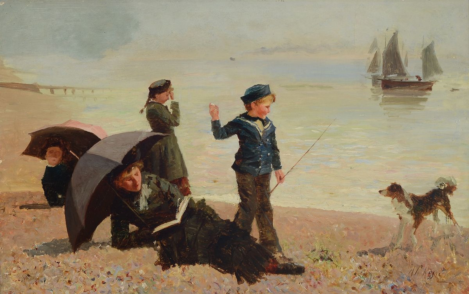A.M. Rojse, um 1890-1900, Mutter mit Kindern und Hund am Strand, Öl/Lwd, rest., doubl., rechts unten signiert, ca. 33x52cm, R. ca. 40x58cm