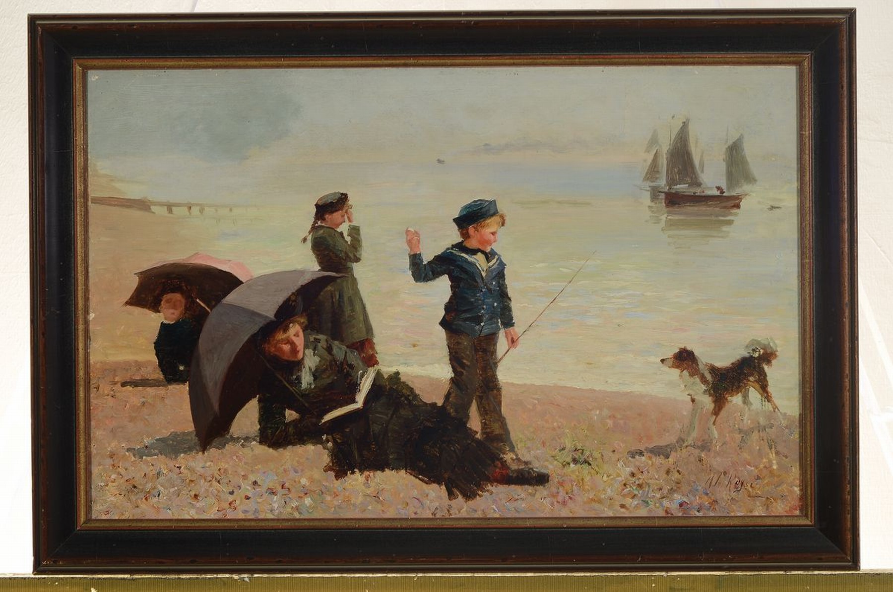Detail k: A.M. Rojse, um 1890-1900, Mutter mit Kindern und Hund am Strand, Öl/Lwd, rest., doubl., rechts unten signiert, ca. 33x52cm, R. ca. 40x58cm