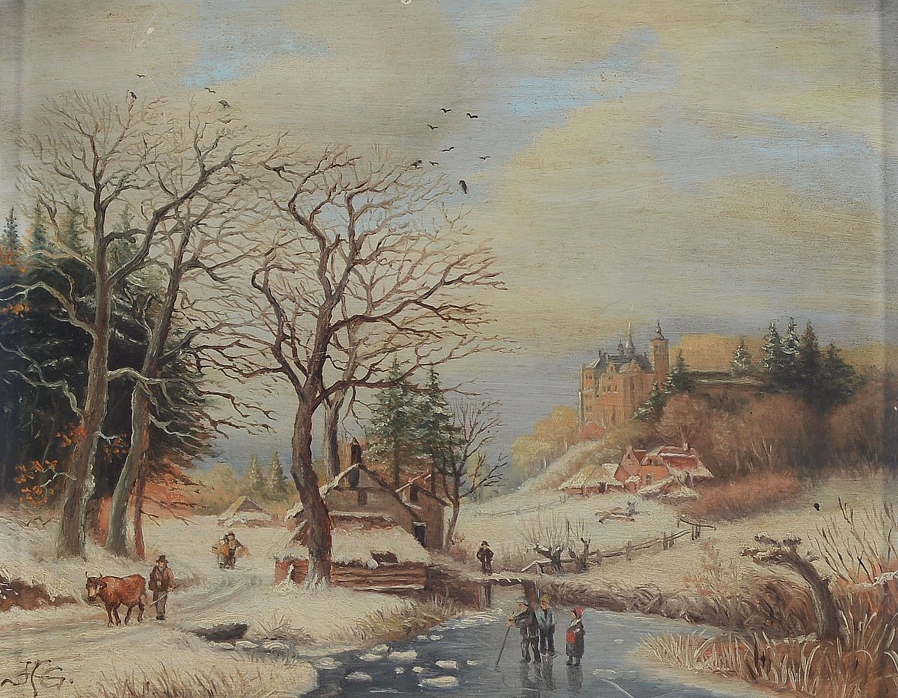 Emil Heinrich, genannt Henri Gogarten, 1850 Linz am Rhein-1911 München, Winterliches Eisvergnügen, Öl/Holz, links unten monogr. H.G., ca. ...