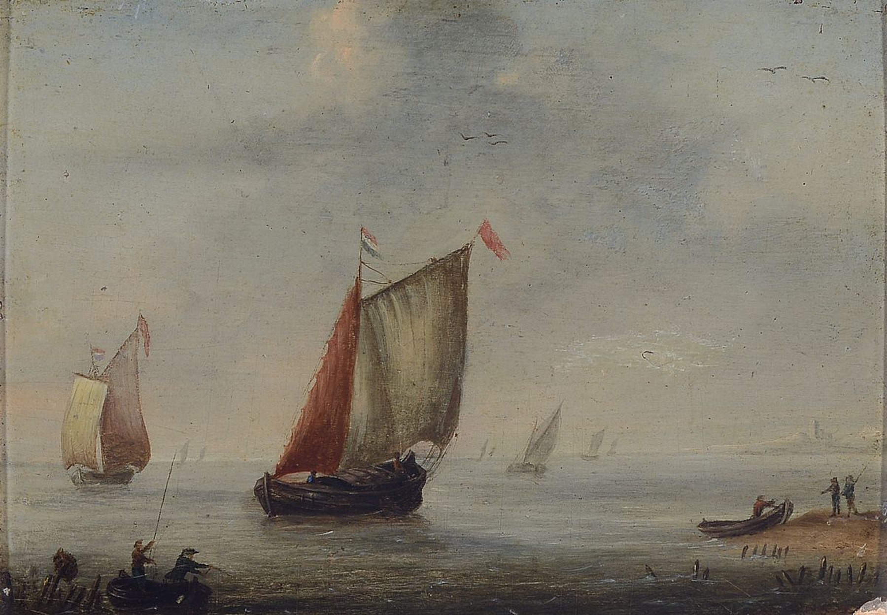 Zuschreibung: Pieter Jan Schotel, 1808 Dordrecht-1865 Dresden, Fischerboote auf ruhiger See, Öl/Holz, ca. 16x22.5cm, R. ca. 36x42cm, Rahmen mit ...