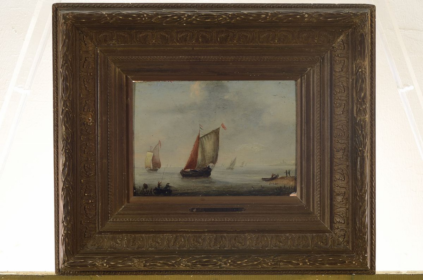 Detail k: Zuschreibung: Pieter Jan Schotel, 1808 Dordrecht-1865 Dresden, Fischerboote auf ruhiger See, Öl/Holz, ca. 16x22.5cm, R. ca. 36x42cm, Rahmen mit ...