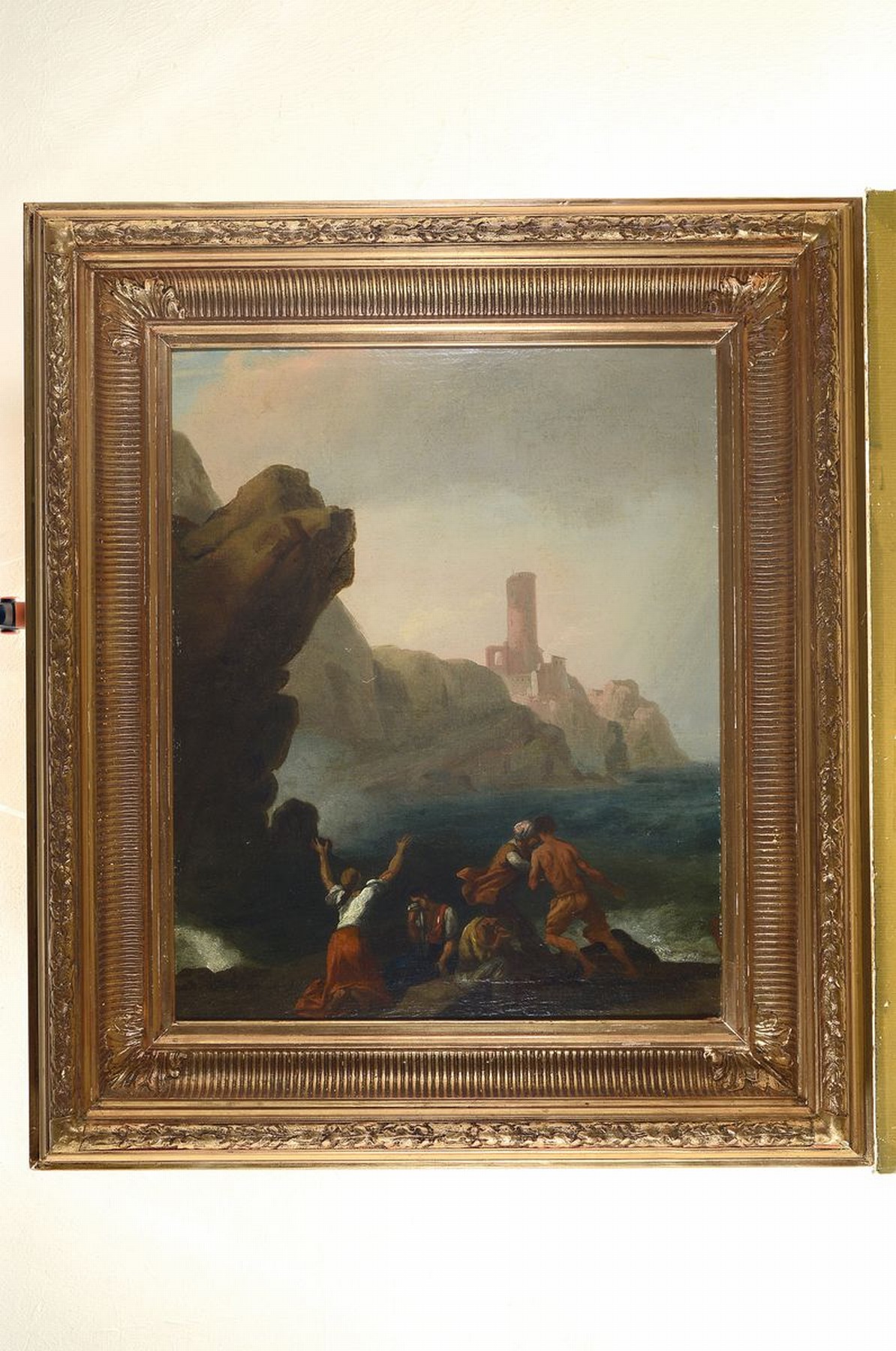 Detail k: Unbekannter Maler, deutsch, 2. Hälfte 19. Jh., Uferlandschaft, im Hintergrund eine Burg, im Vordergrund aufgeregte und trauernde Menschen, ...