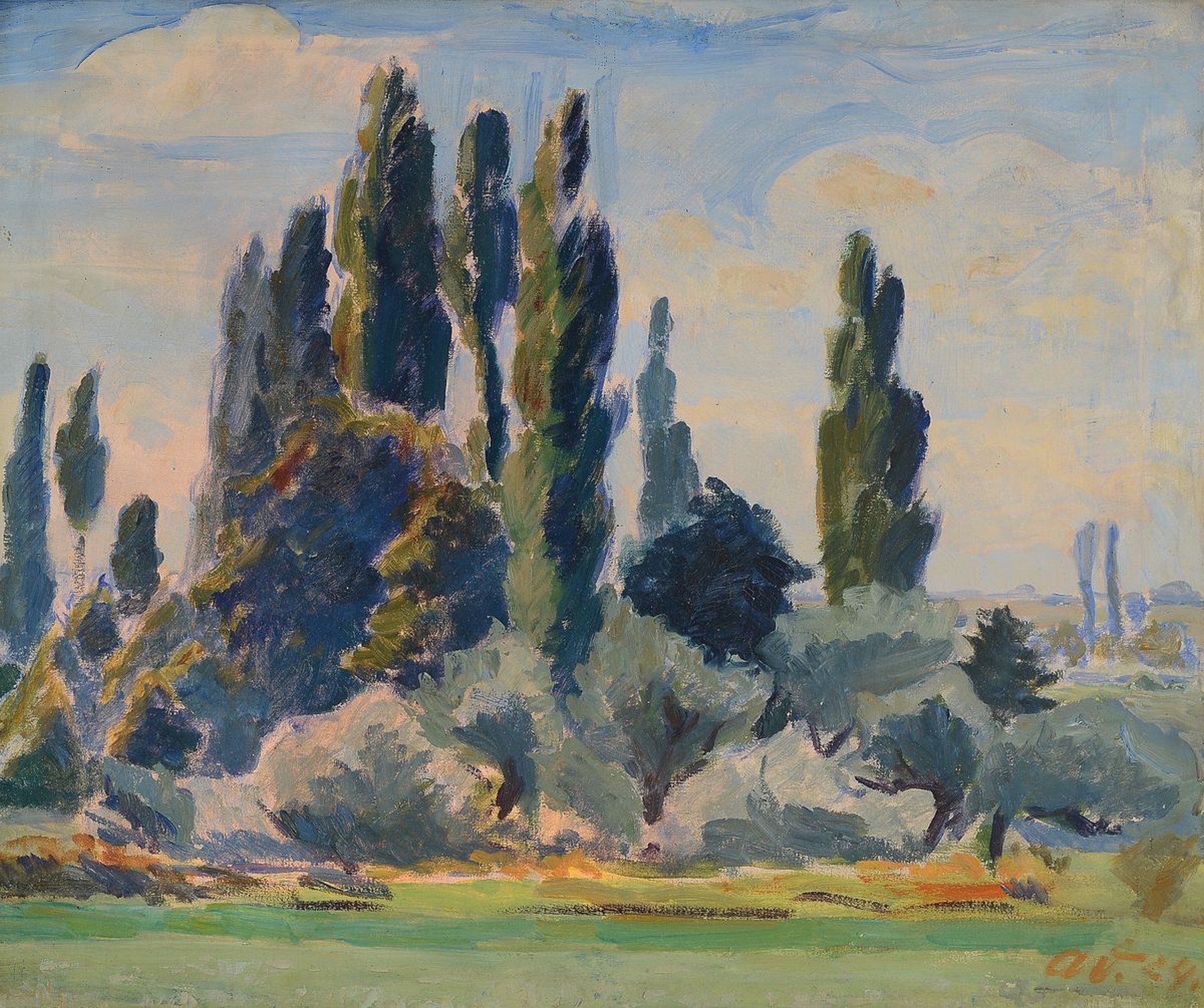 Adolf Doerner, 1892-1964 Ilbesheim/Pfalz, Studium an der Akademie Karlsruhe bei Albert Haueisen, hier: Landschaft mit Pappeln, Öl/ Lwd, rechts unten ...