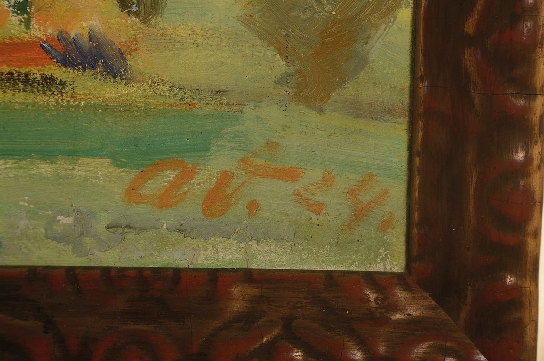 Detail a: Adolf Doerner, 1892-1964 Ilbesheim/Pfalz, Studium an der Akademie Karlsruhe bei Albert Haueisen, hier: Landschaft mit Pappeln, Öl/ Lwd, rechts unten ...