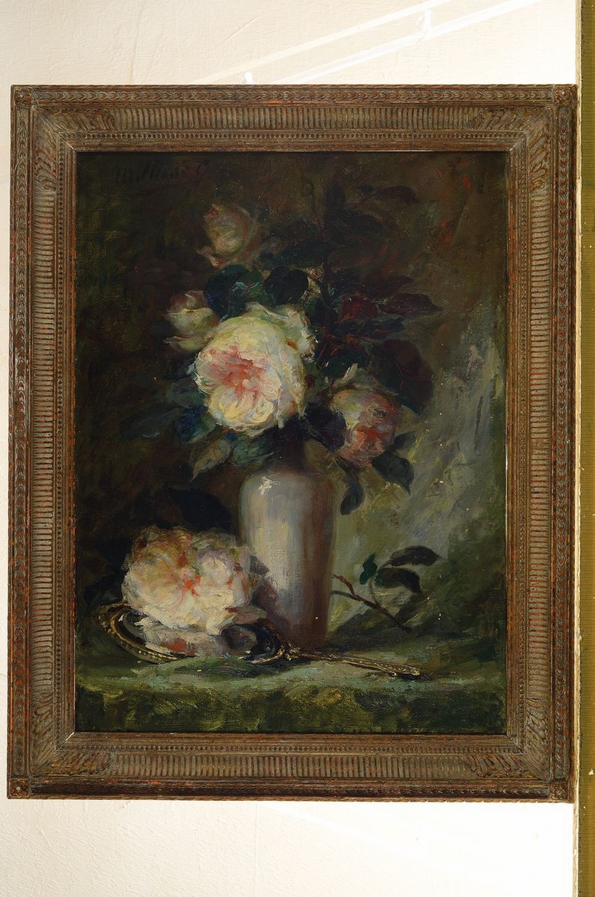 Detail k: M. Schmid G., Wiener Schule, um 1890, Rosenstillleben in Vase mit Spiegel, feine impressionistische Sicht in den Grün-und Grautönen, gute ...