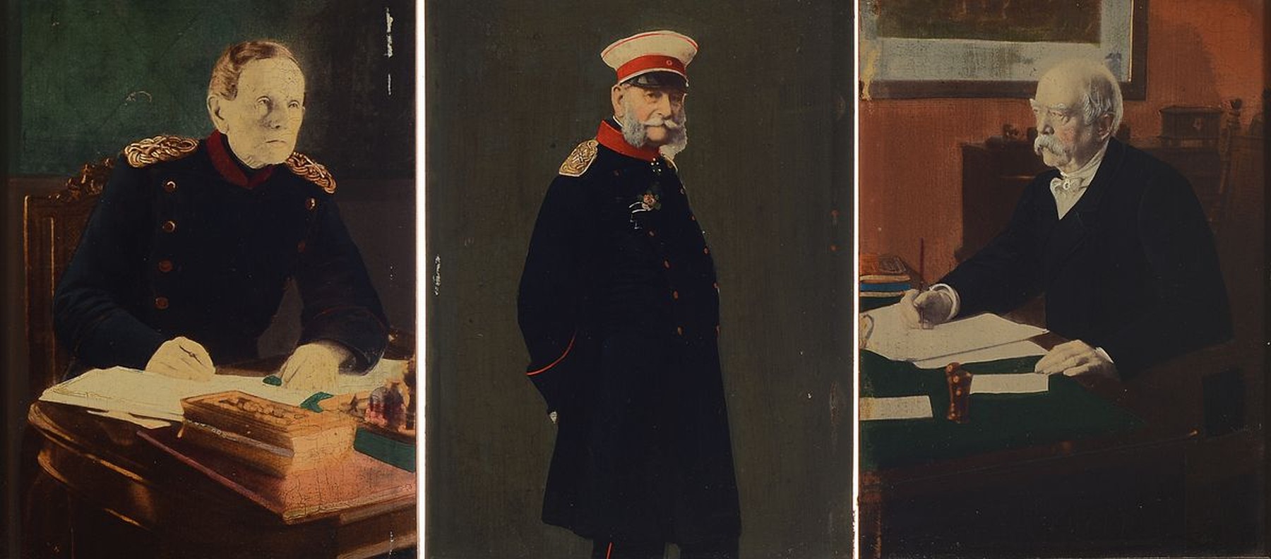 Unbekannter Künstler, um 1870-75, Darstellung von Kaiser Wilhelm I, Moltke und Bismarck in stiltypischer Haltung, schablonisiert und bunt ausgemalt, ...