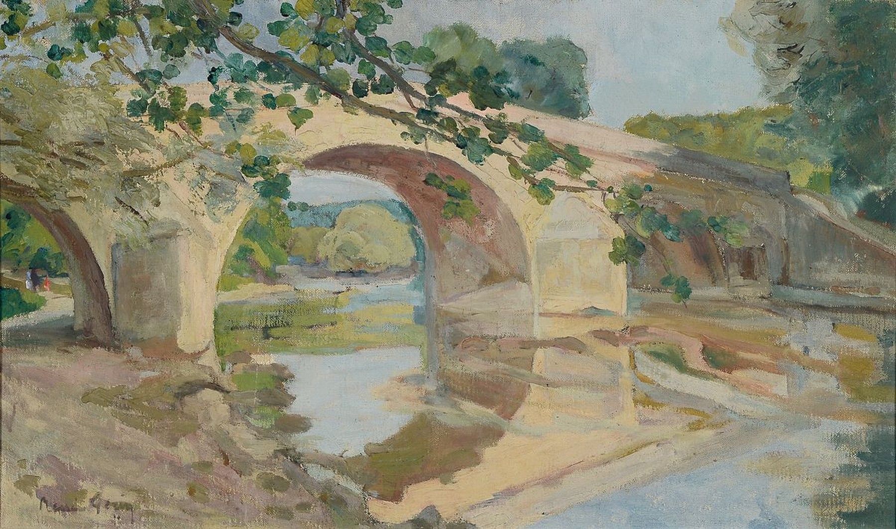 Renée Gerin, französische Künstlerin, um 1900,malte ausschließlich Landschaften der Bourgogne, hier: Flußlandschaft mit Brücke, Öl/Lwd, links ...