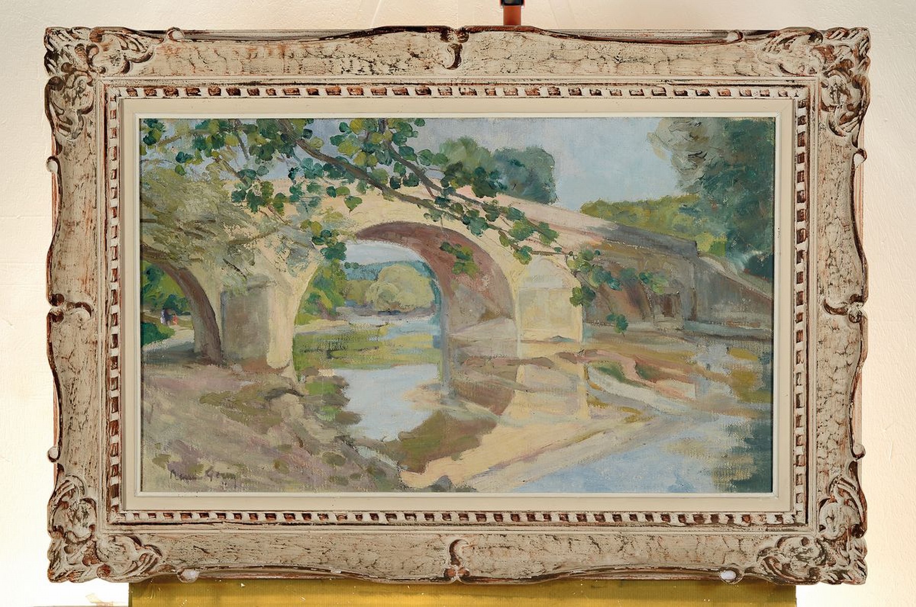 Detail k: Renée Gerin, französische Künstlerin, um 1900,malte ausschließlich Landschaften der Bourgogne, hier: Flußlandschaft mit Brücke, Öl/Lwd, links ...