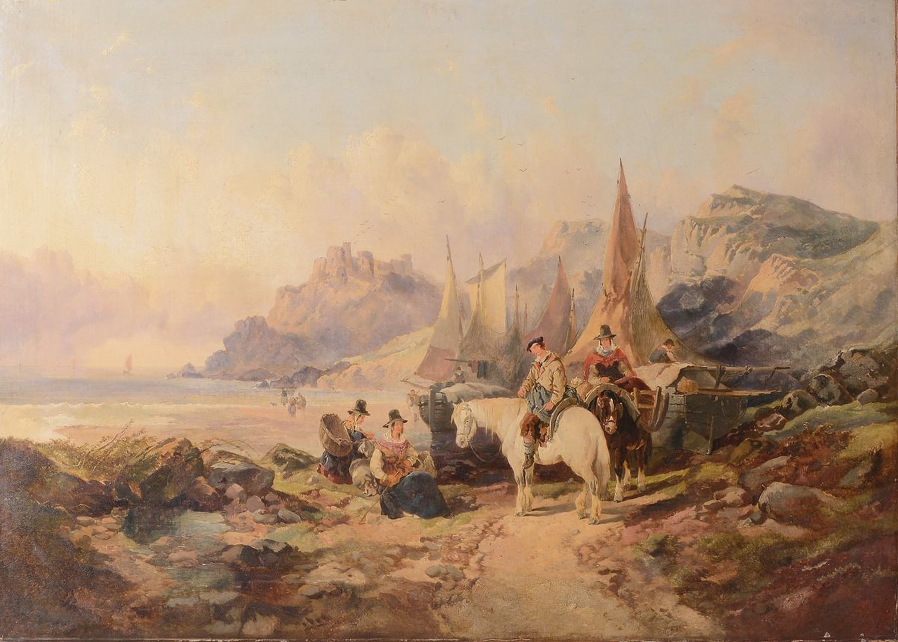 Unbekannter Künstler, Düsseldorfer Schule, um 1870, Reiter und Fischerfrauen am Strand, im Hintergrund die Segelboote und eine Burg, Öl/Lwd, ...