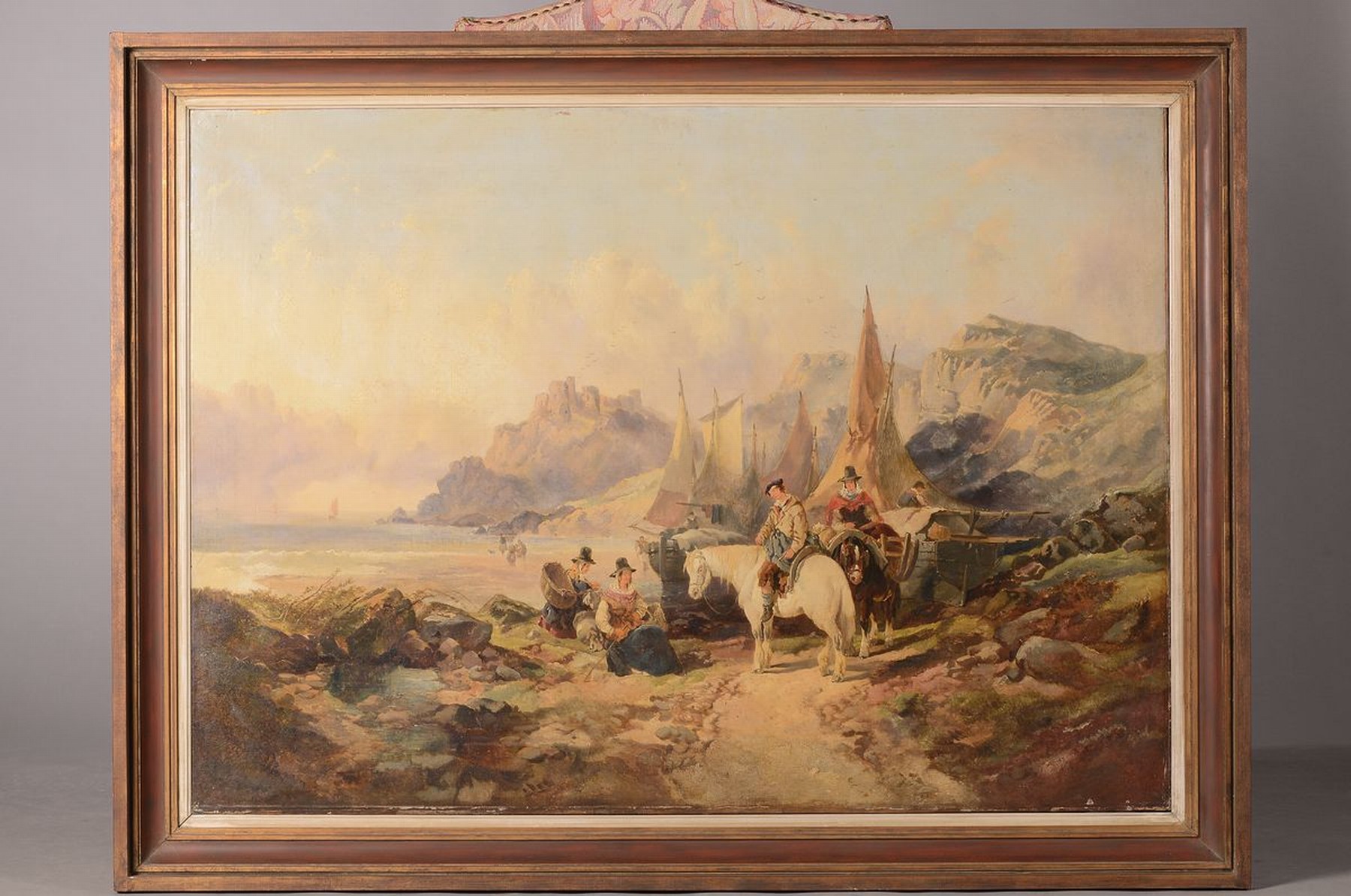 Detail k: Unbekannter Künstler, Düsseldorfer Schule, um 1870, Reiter und Fischerfrauen am Strand, im Hintergrund die Segelboote und eine Burg, Öl/Lwd, ...