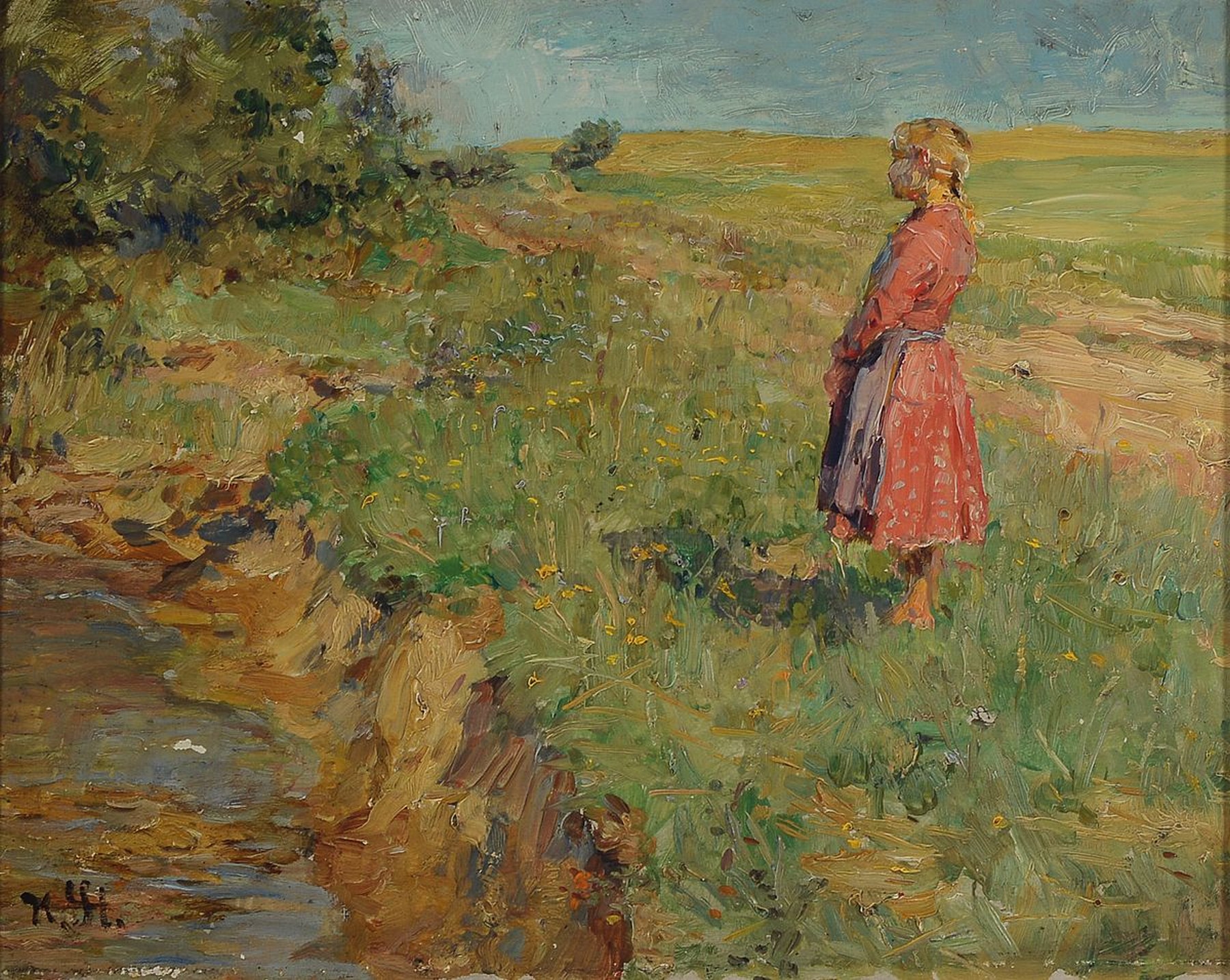 Monogrammist M.H., England, um 1900, Mädchen auf der Wiese mit Blick auf einen Bach, Öl/Malkarton, kleinere Farbfehlstellen, links u. monogr., ca. ...