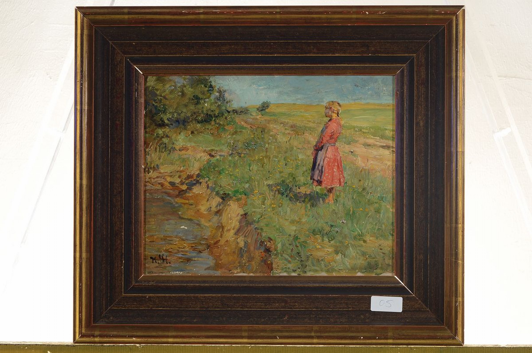 Detail k: Monogrammist M.H., England, um 1900, Mädchen auf der Wiese mit Blick auf einen Bach, Öl/Malkarton, kleinere Farbfehlstellen, links u. monogr., ca. ...