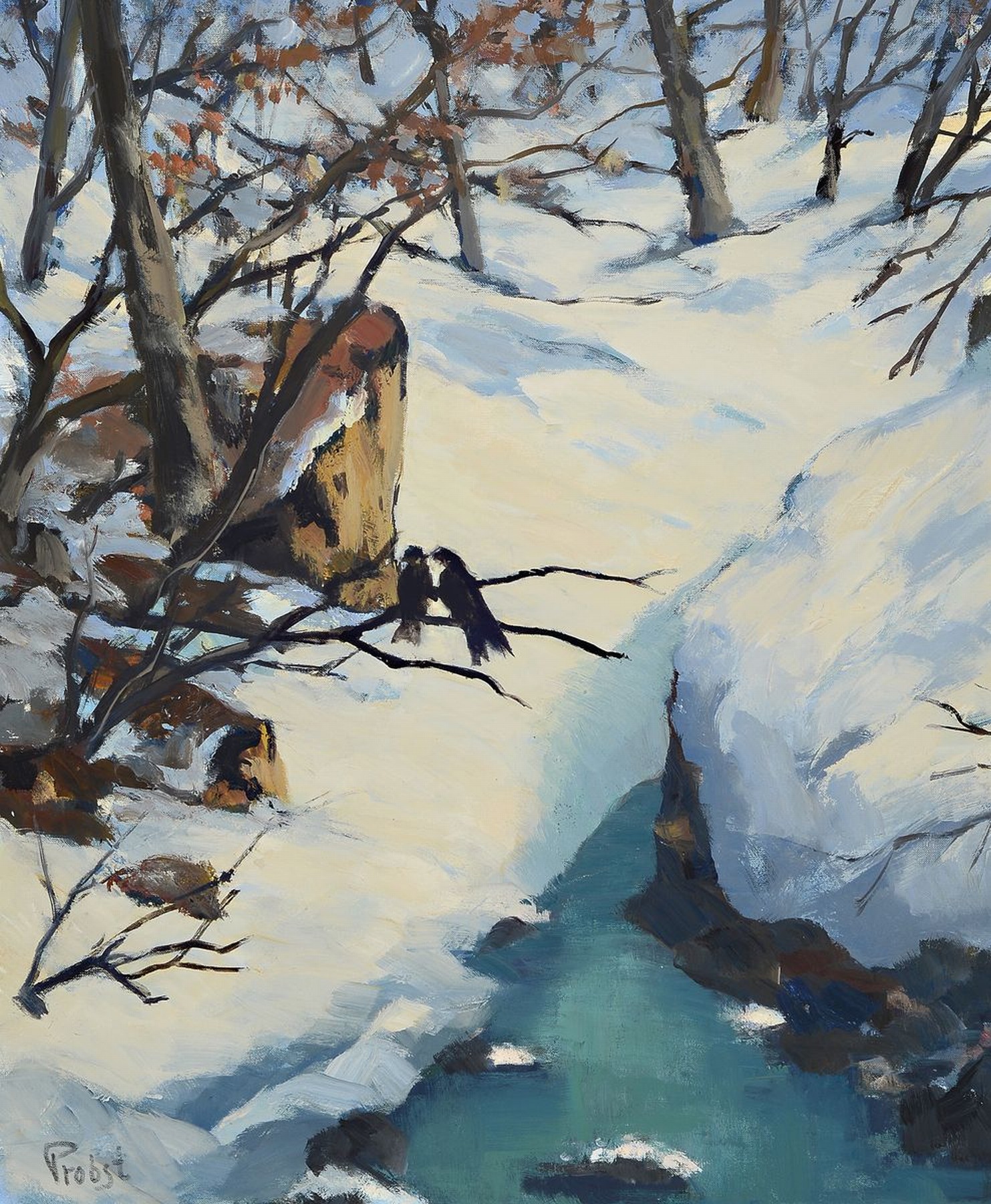 Franz Probst, 1912 Füssen-1999, Verschneite Winterlandschaft mit Bach und Bäumen, Öl/Hartfaser, links unten signiert, ca. 66x54cm, R. ca. 72x61cm