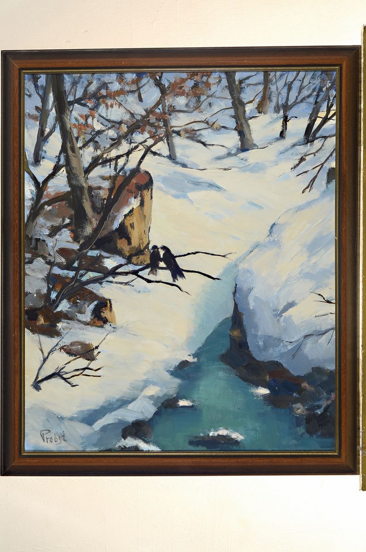 Detail k: Franz Probst, 1912 Füssen-1999, Verschneite Winterlandschaft mit Bach und Bäumen, Öl/Hartfaser, links unten signiert, ca. 66x54cm, R. ca. 72x61cm