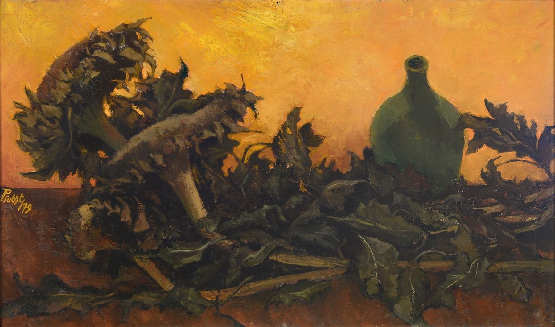 Franz Probst, 1912 Füssen-1999, Stillleben mit Sonnenblumen, Öl/Hartfaser, seitlich links signiert und dat. 79, ca. 49x83cm, u.Gl., R. ca. 51x85cm