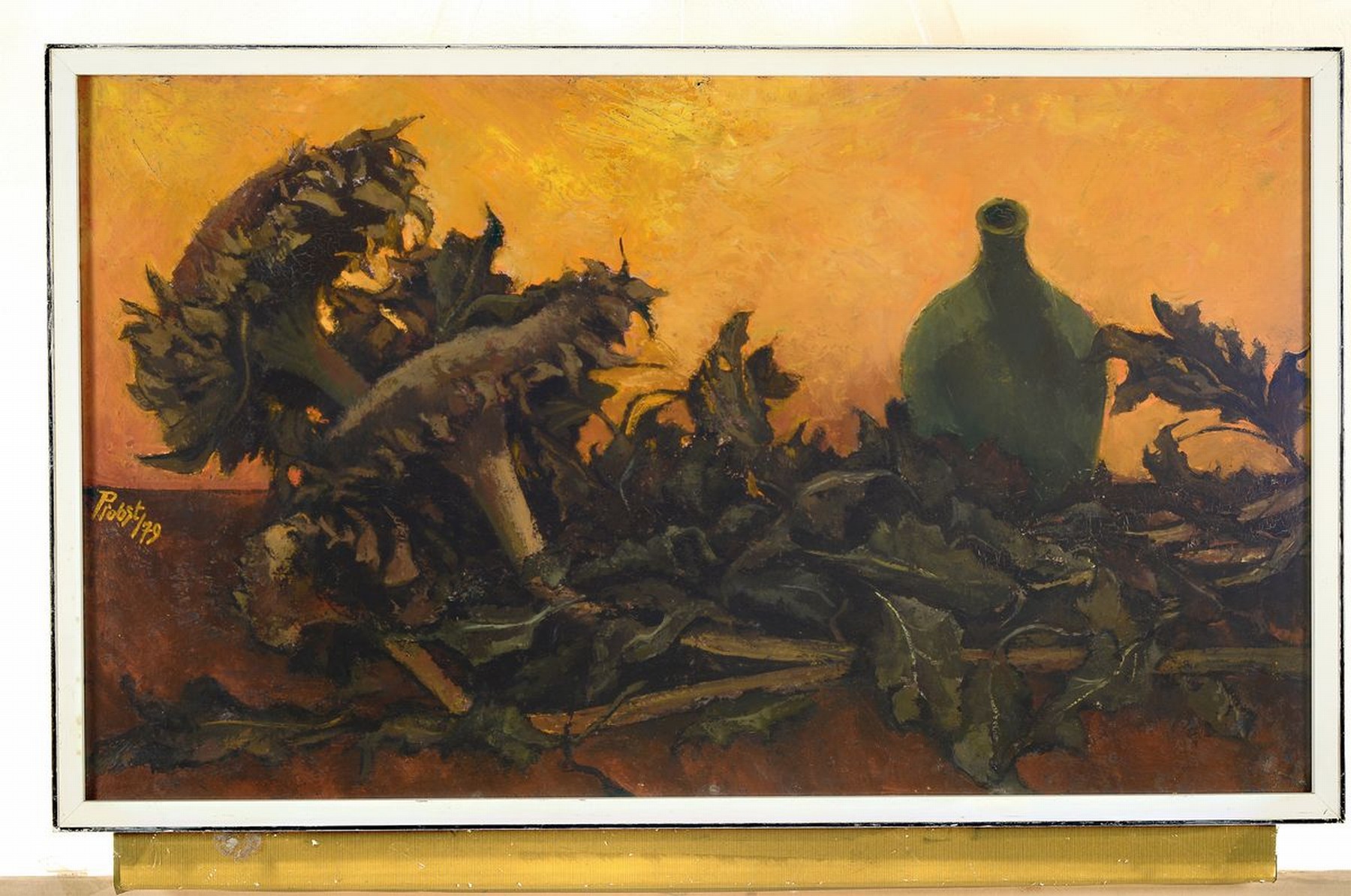 Detail k: Franz Probst, 1912 Füssen-1999, Stillleben mit Sonnenblumen, Öl/Hartfaser, seitlich links signiert und dat. 79, ca. 49x83cm, u.Gl., R. ca. 51x85cm