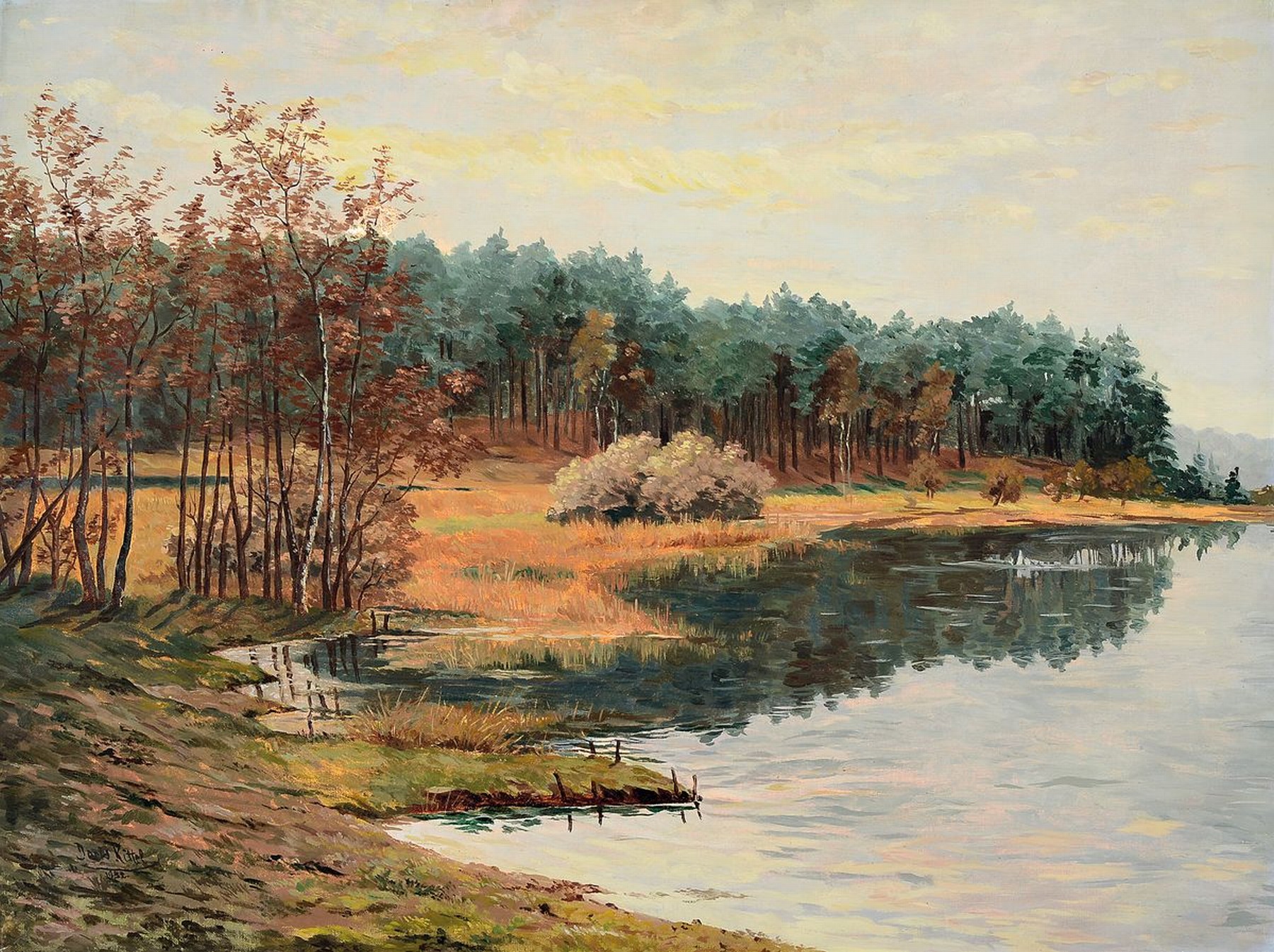 Doris Kittel, datiert 1952, Herbstliche Uferlandschaft mit Kiefernwald, Öl/Lwd, links unten signiert und dat., ca. 60x80cm, R. ca. 72x92cm, Riss in ...