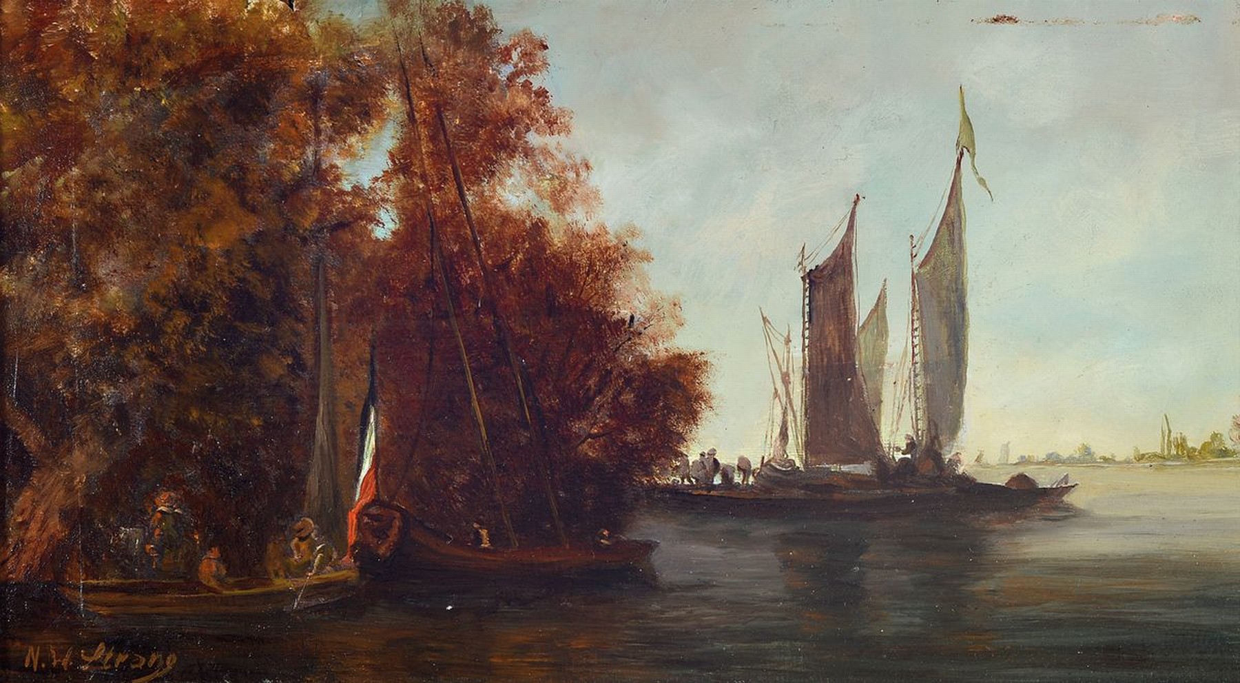 N.W. Strang, Niederlande, um 1900, Fischerboote am Ufer, Öl/Holz, links unten signiert, ca. 13x23cm, R. ca. 16x26cm