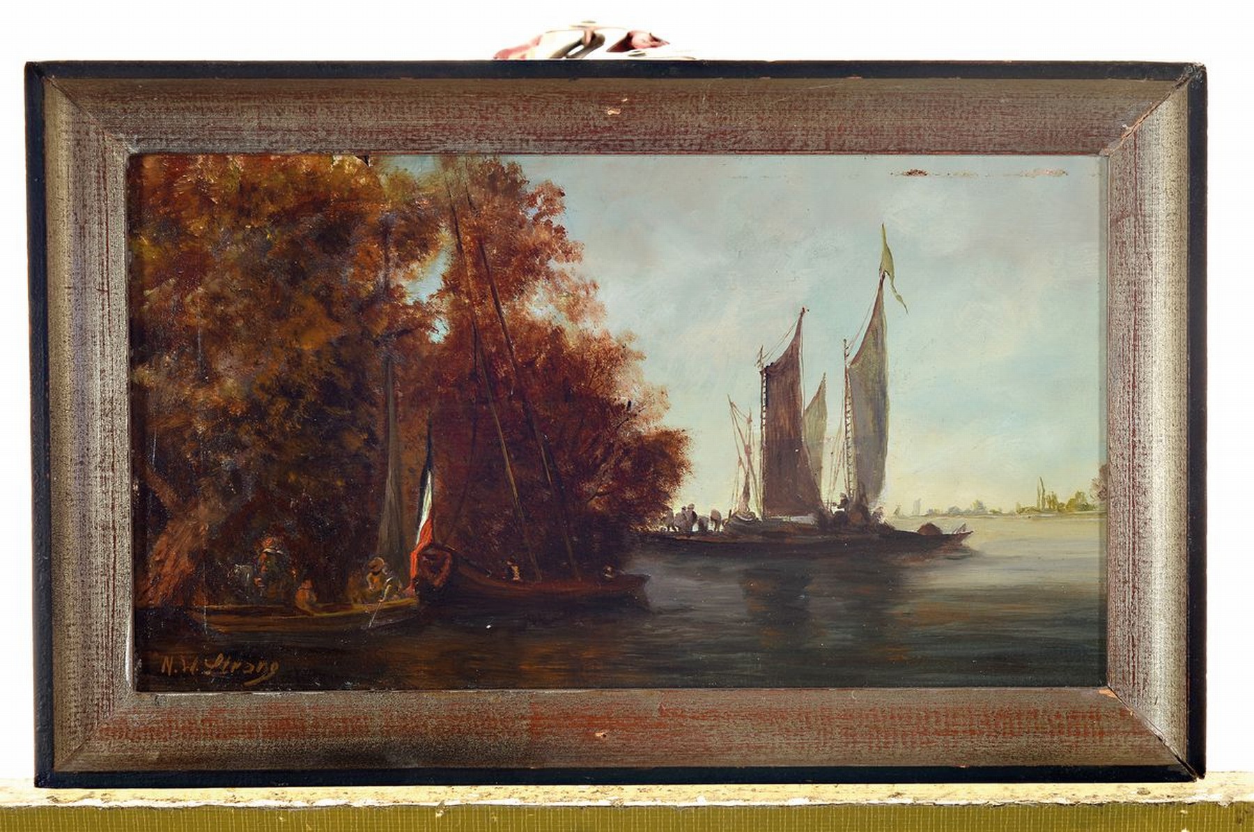 Detail k: N.W. Strang, Niederlande, um 1900, Fischerboote am Ufer, Öl/Holz, links unten signiert, ca. 13x23cm, R. ca. 16x26cm