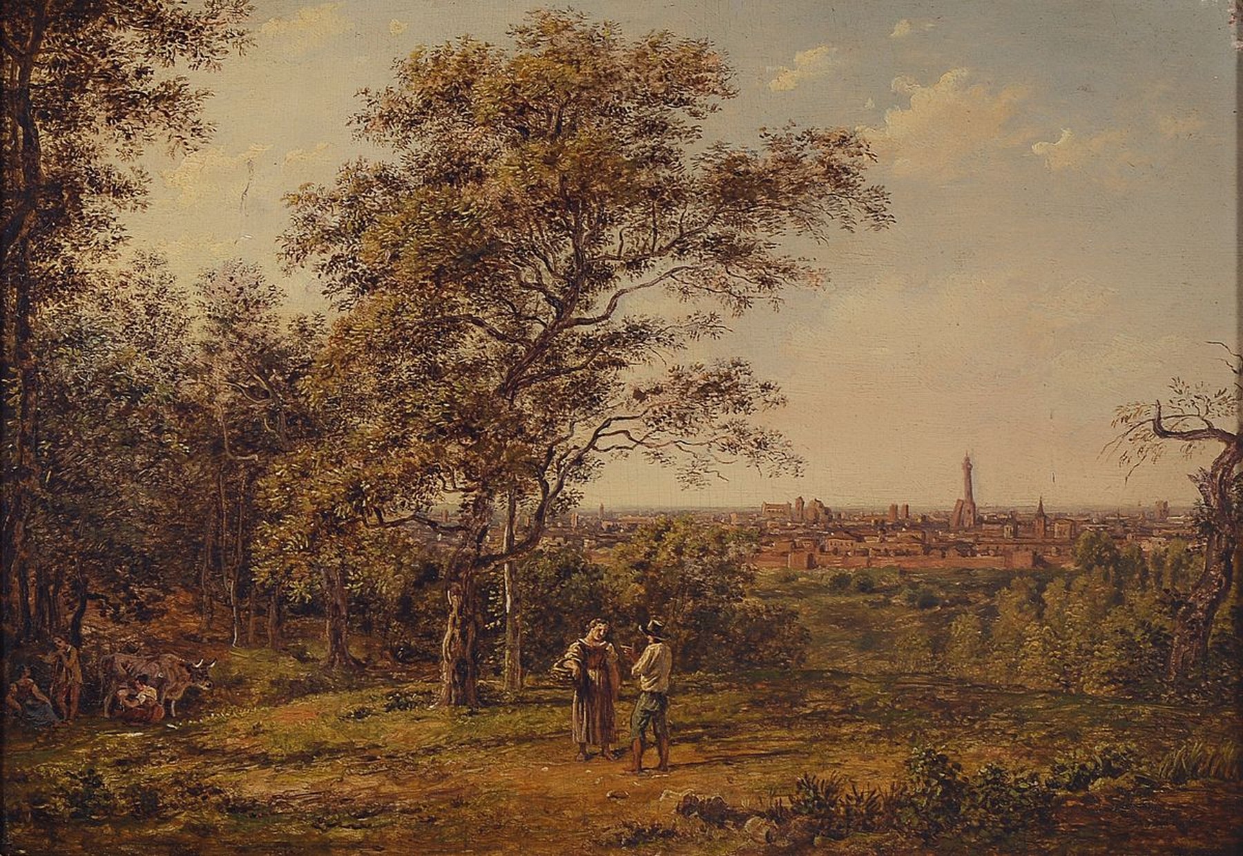 Unbekannter Künstler, deutsch, um 1840, Begegnung in idealer Landschaft, seitlich rastende Menschen und Vieh, im Hintergrund eine Stadtansicht, ...