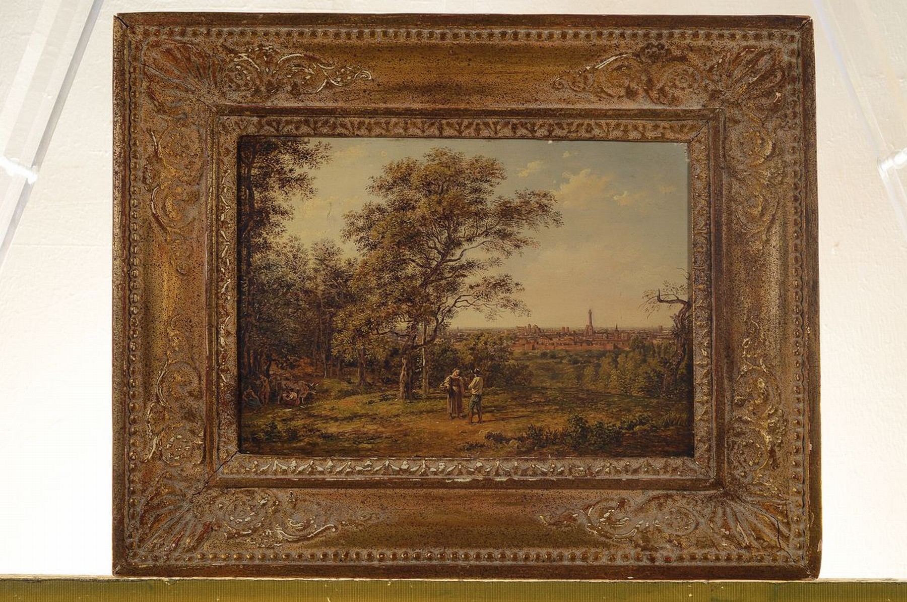 Detail k: Unbekannter Künstler, deutsch, um 1840, Begegnung in idealer Landschaft, seitlich rastende Menschen und Vieh, im Hintergrund eine Stadtansicht, ...