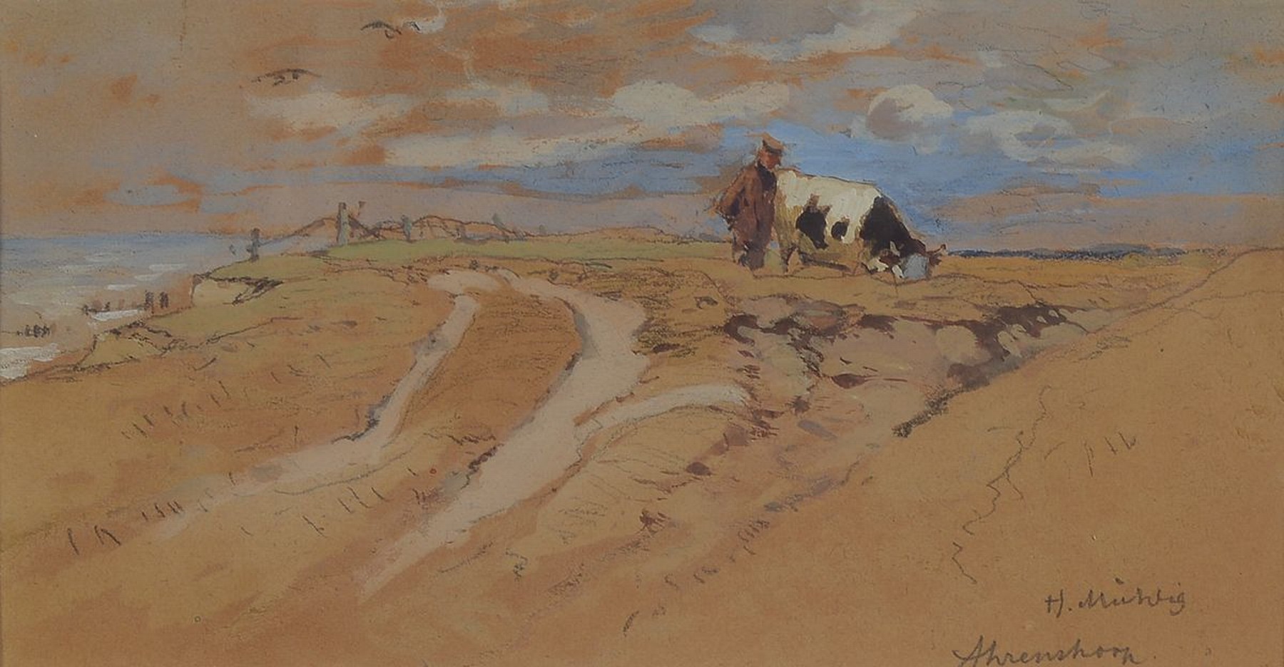 Hugo Mühlig, 1854 Dresden-1929 Düsseldorf, Studium bei seinem Vater und der Akademie Dresden, hier: Kuh in den Dünen, Aquarell über Bleistift, ...