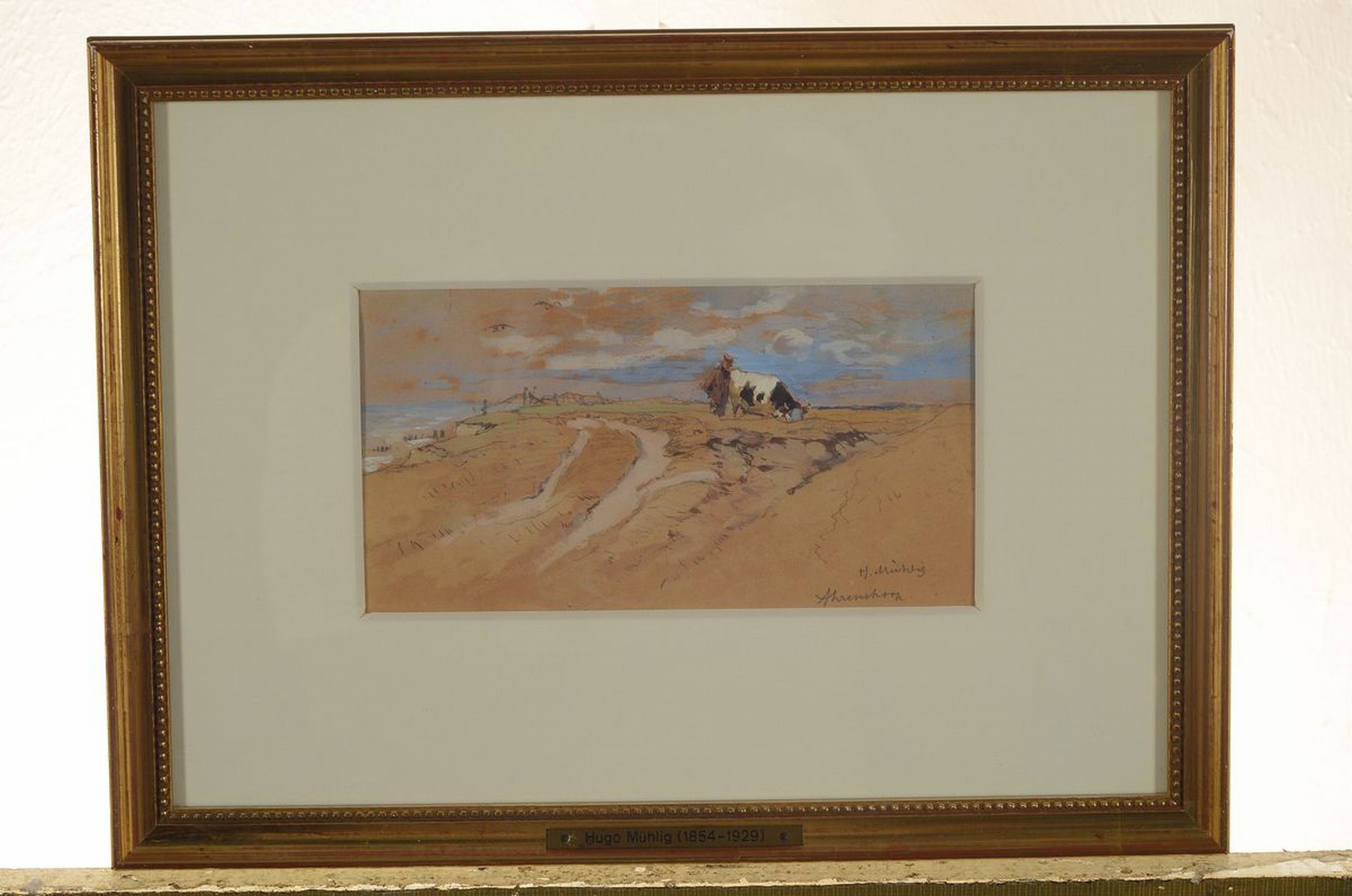 Detail k: Hugo Mühlig, 1854 Dresden-1929 Düsseldorf, Studium bei seinem Vater und der Akademie Dresden, hier: Kuh in den Dünen, Aquarell über Bleistift, ...