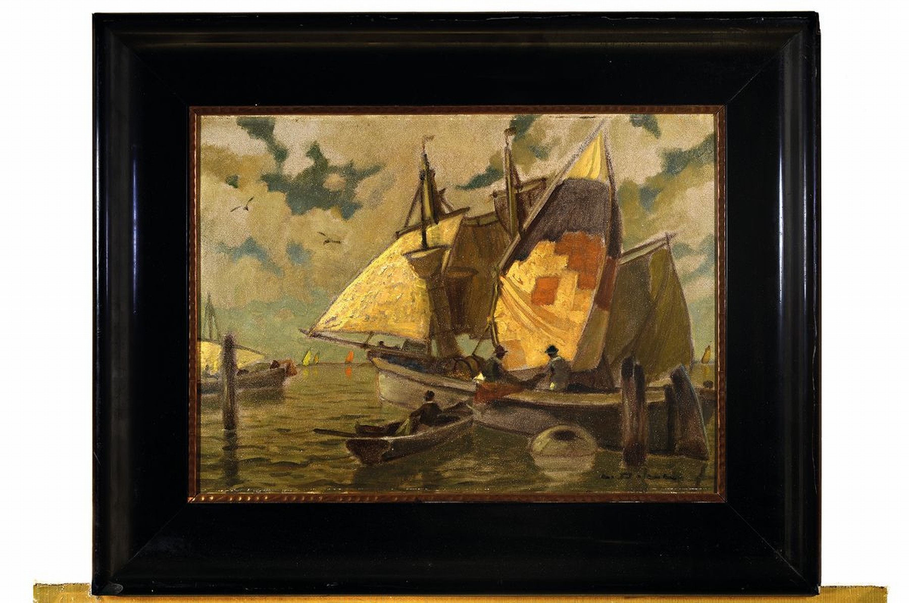 Detail k: Ludwig Dill, 1848 Gernsbach-1940 Karlsruhe, Fischerboote bei Chioggia, Öl/Malkarton, rechts unten signiert, ca. 35x48cm, R. ca. 53x66cm