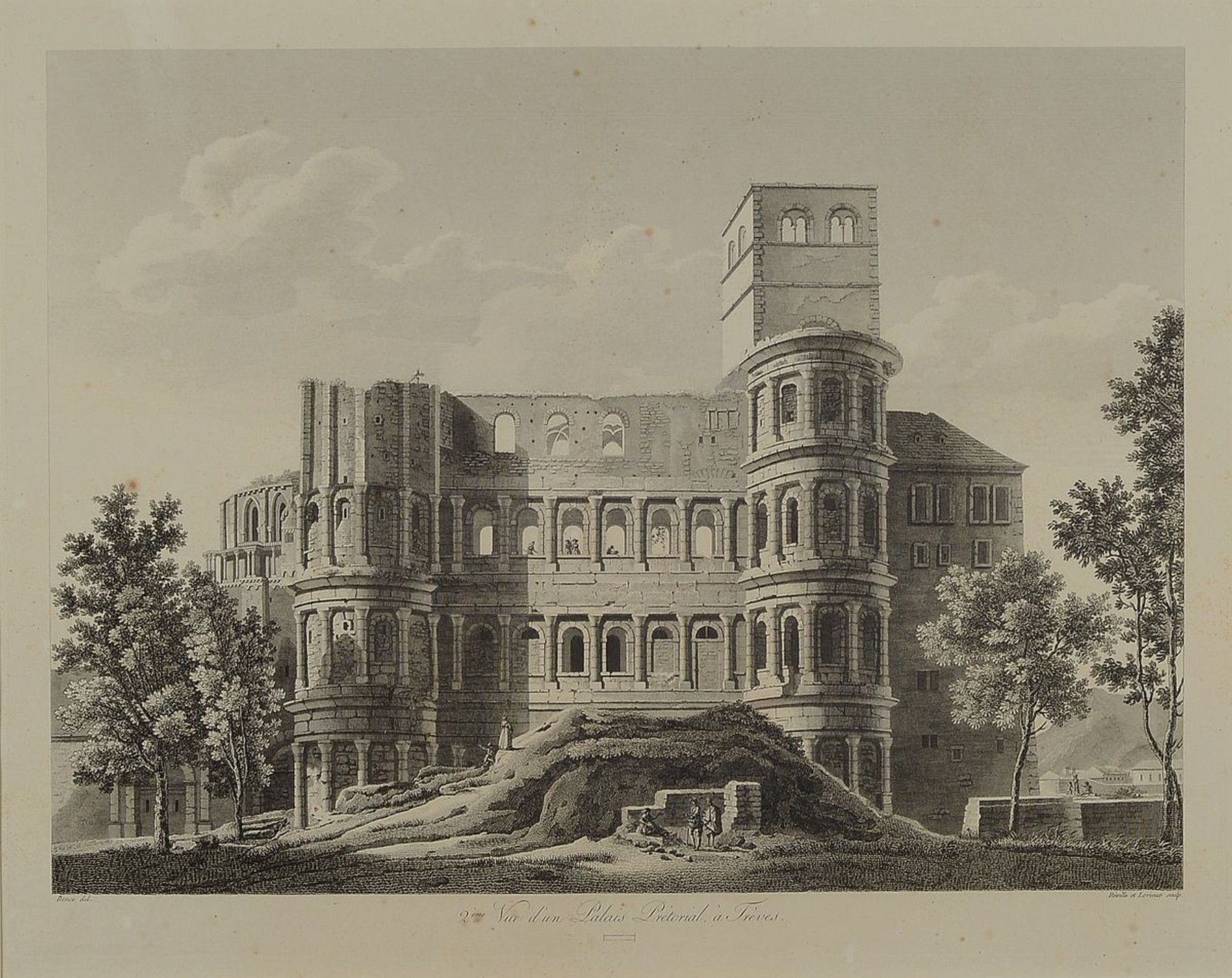 J.M. Bence, J.B. Reville, F.B. Lorieux, Stahlstich von 1816-20, Ansicht der Porta Nigra in Trier. Vue d'un Palais Pretorial a Treves, ca. ...