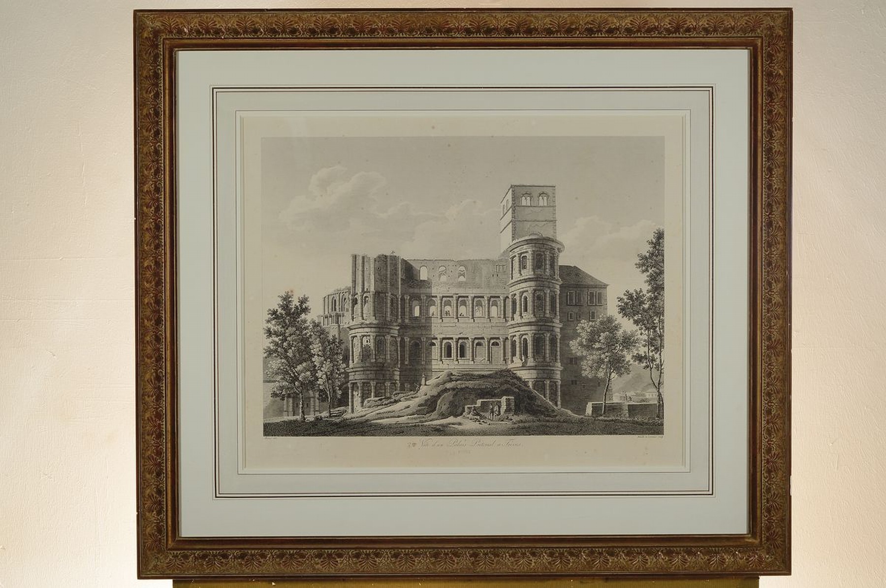 Detail k: J.M. Bence, J.B. Reville, F.B. Lorieux, Stahlstich von 1816-20, Ansicht der Porta Nigra in Trier. Vue d'un Palais Pretorial a Treves, ca. ...