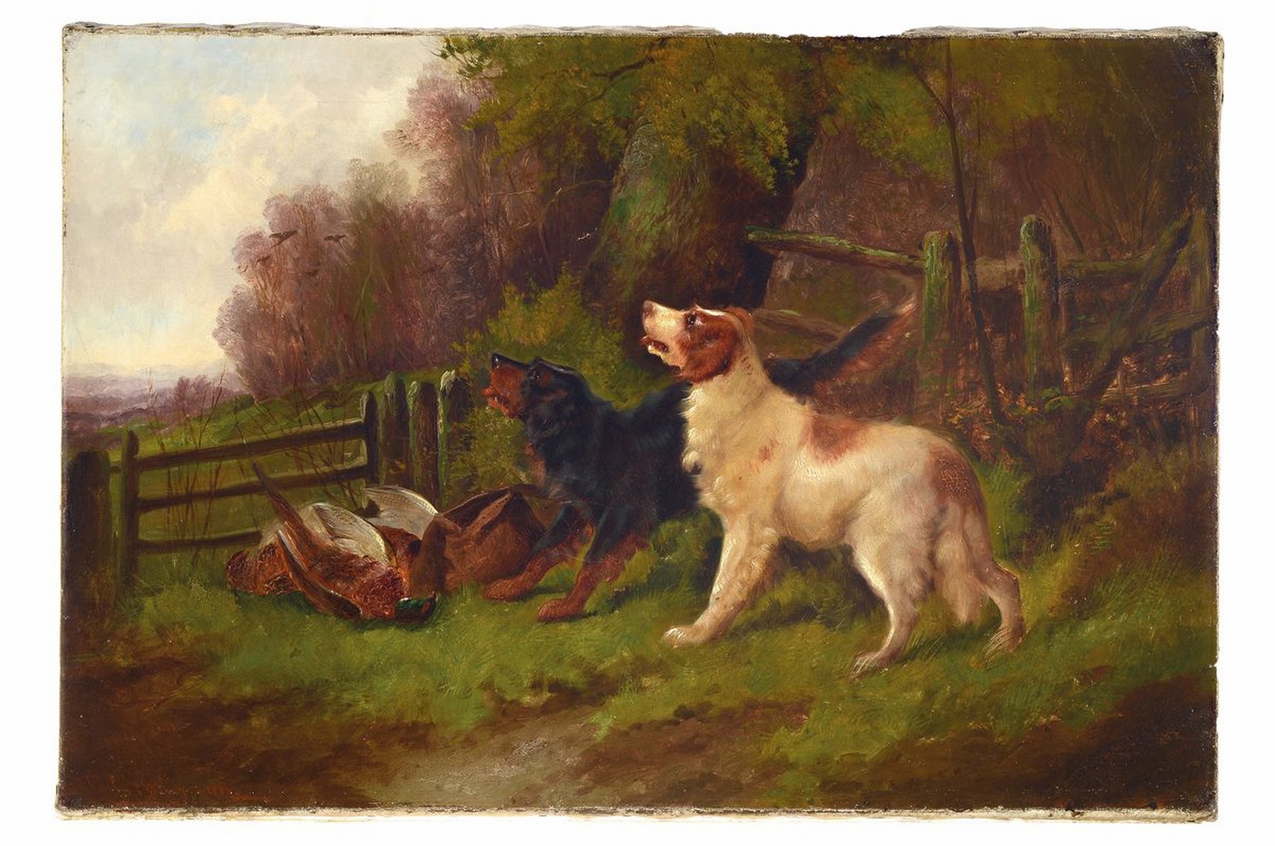 Robert Cleminson, um 1865 - 1868, britischer Jagd- u. Landschaftsmaler, hier: Jagdszene mit Setter und Gordonsetter vor erlegtem Auerhahn, links ...