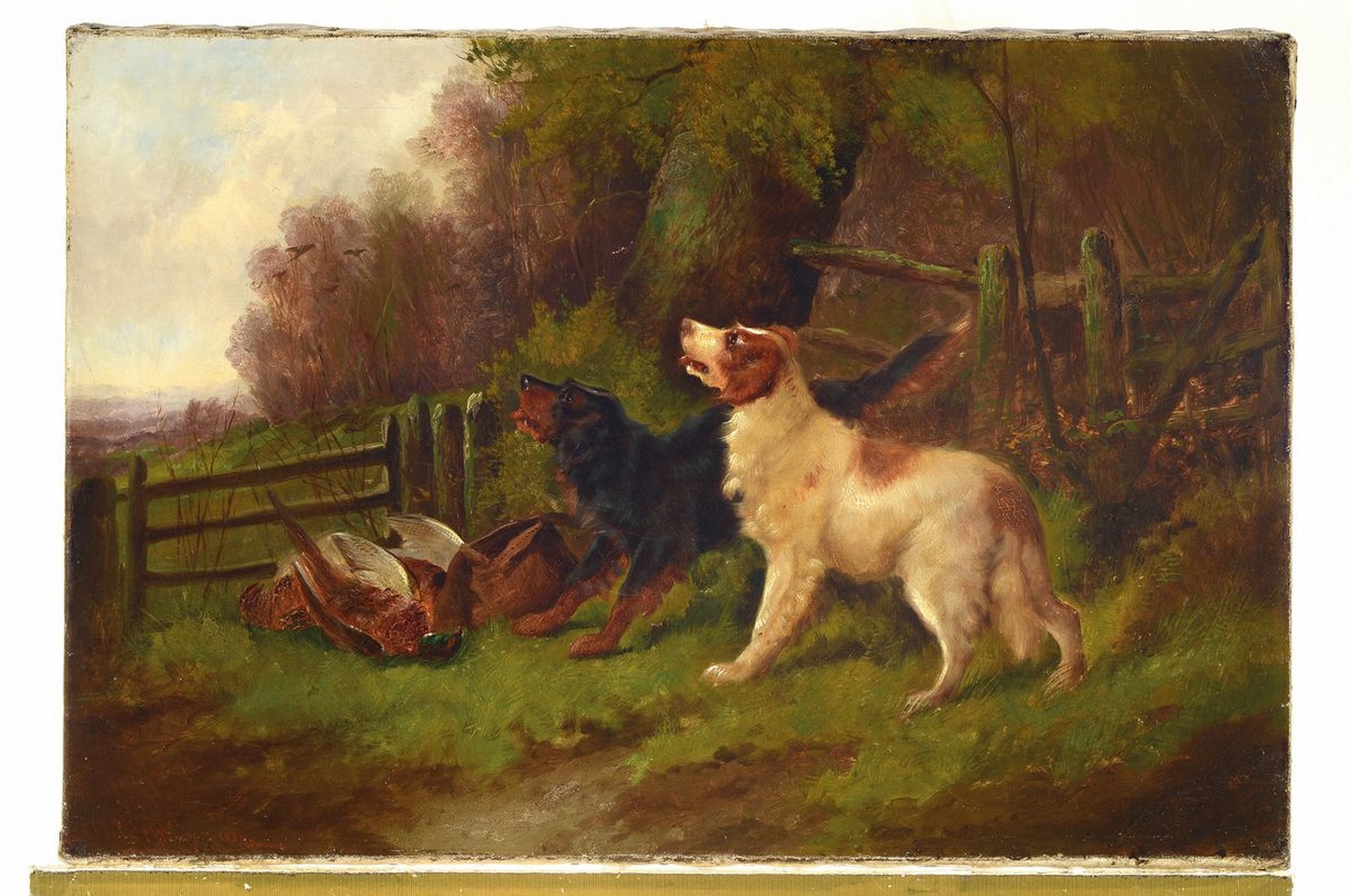 Detail k: Robert Cleminson, um 1865 - 1868, britischer Jagd- u. Landschaftsmaler, hier: Jagdszene mit Setter und Gordonsetter vor erlegtem Auerhahn, links ...