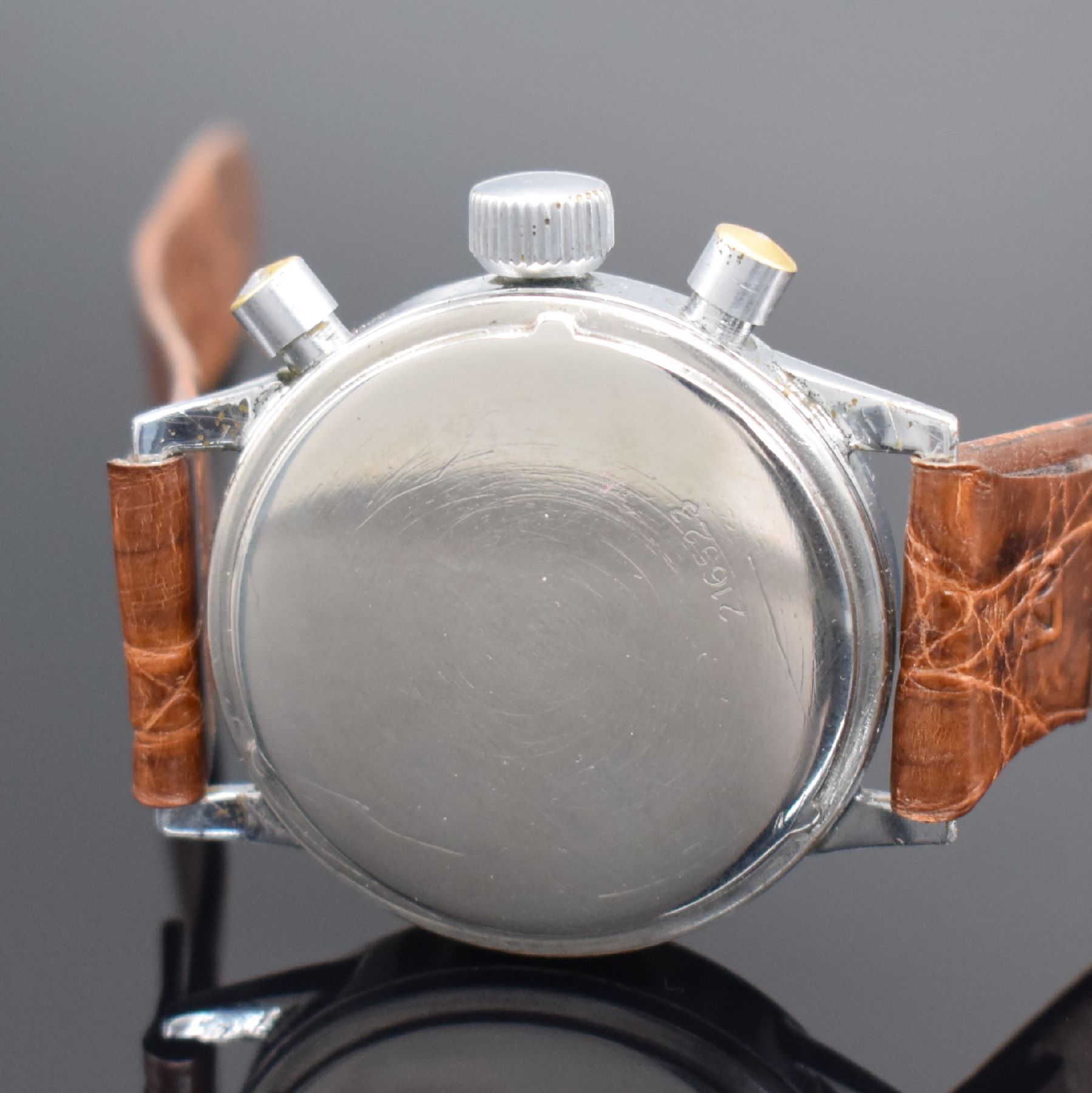 Detail d: TUTIMA GLASHÜTTE UROFA 59 Flyback- Schaltradchronograph, Deutschland um 1945, Handaufzug, wohl Zivil genutzt, verchr. Geh. orig. OHNE Drehlünette, ...