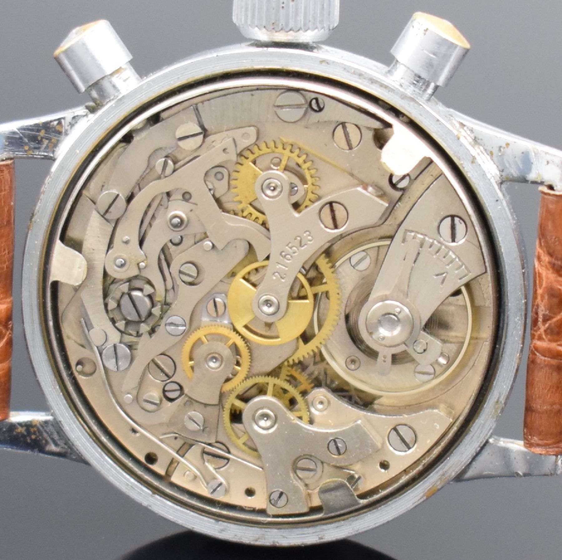 Detail f: TUTIMA GLASHÜTTE UROFA 59 Flyback- Schaltradchronograph, Deutschland um 1945, Handaufzug, wohl Zivil genutzt, verchr. Geh. orig. OHNE Drehlünette, ...