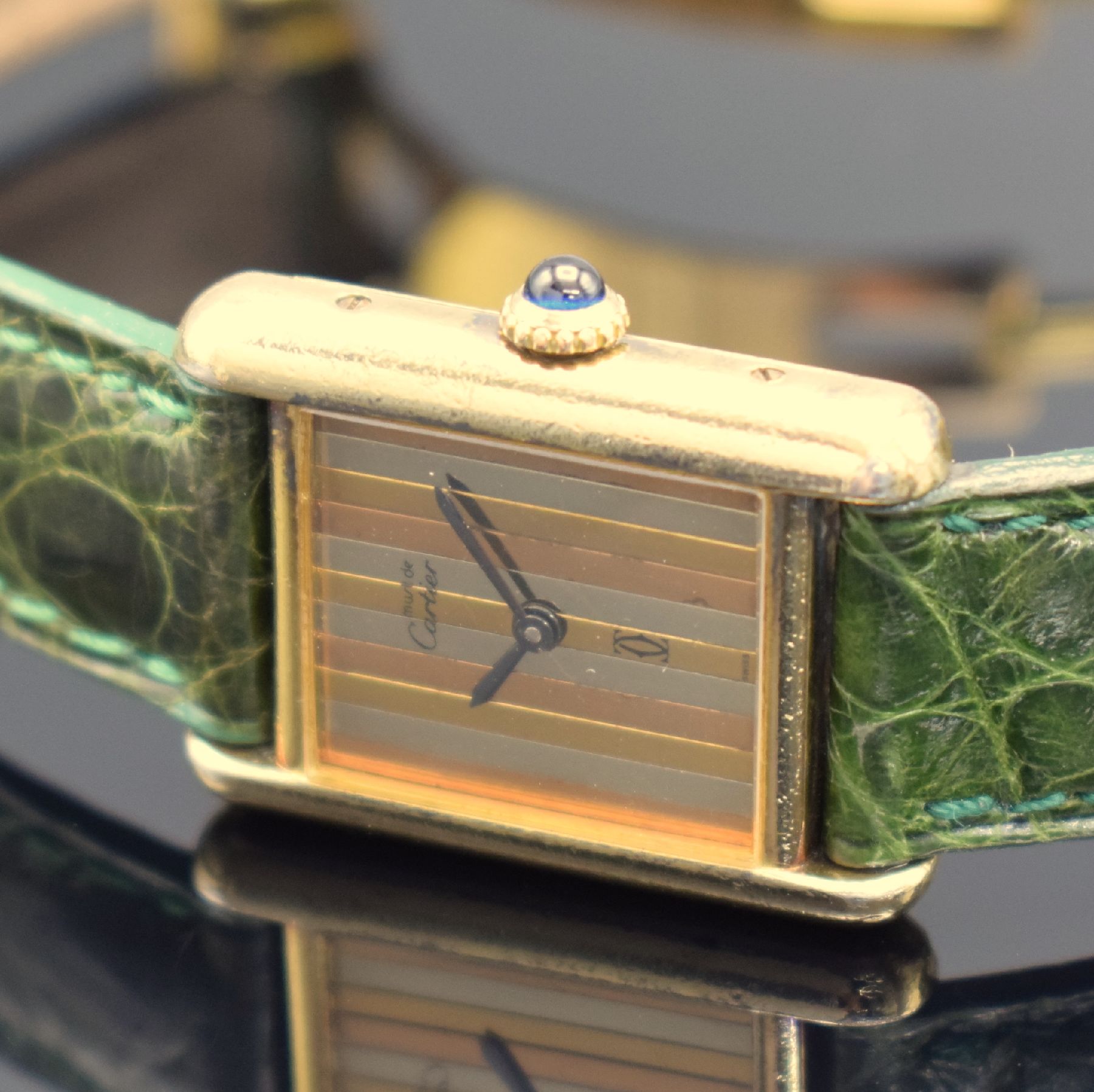 Detail c: CARTIER Armbanduhr Modellserie Tank, Handaufzug, Schweiz um 1980, verg. Sterlingsilbergeh. inkl. orig. Lederband m. verg. orig. Dornschl., ...