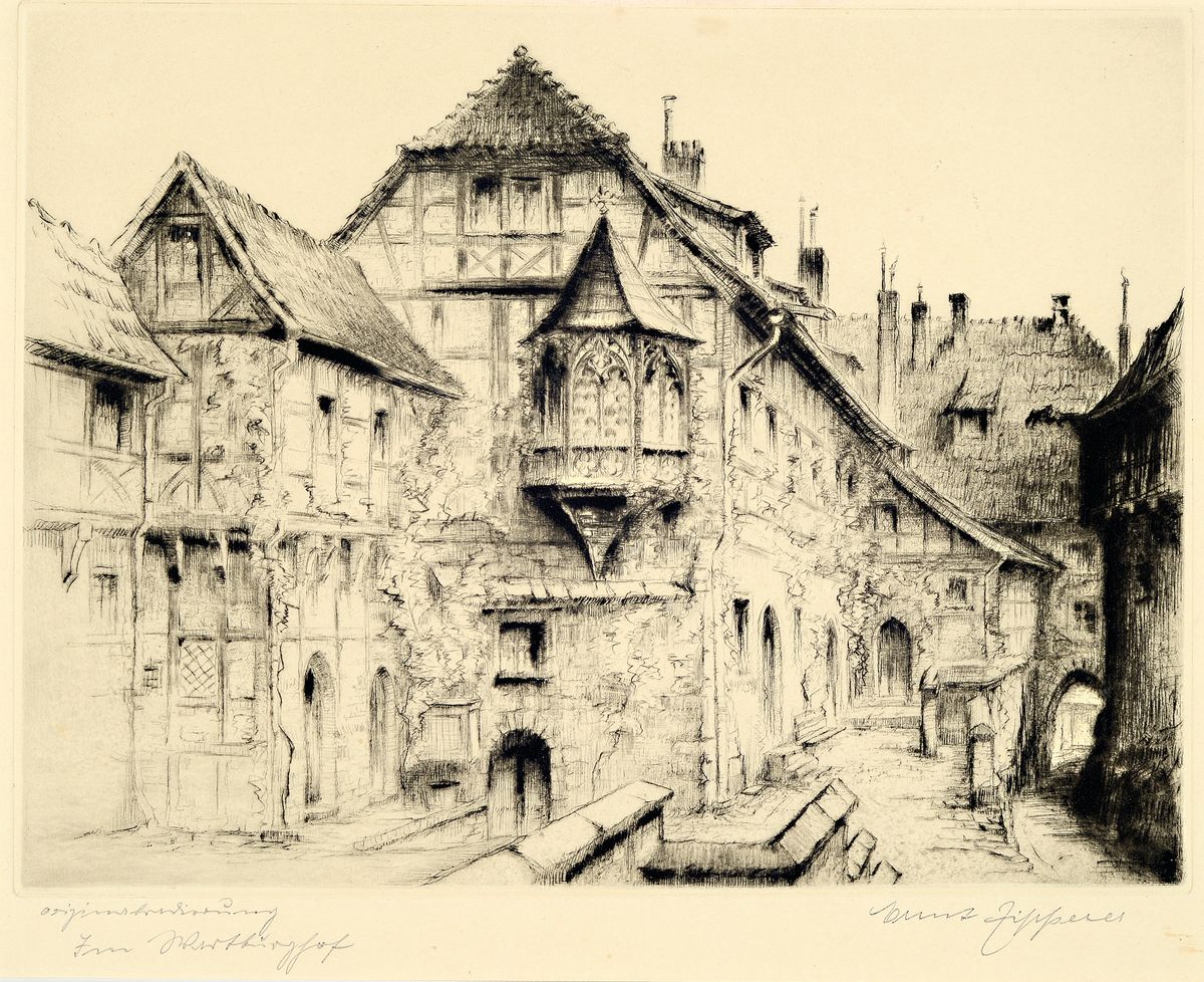 Ernst Gustav Zipperer, 1888 Ulm - 1982 Heilbronn, Besuch der Kunstgewerbeschulen Hannover und Kassel, "Im Wartburghof", Kaltnadelradierung, ...