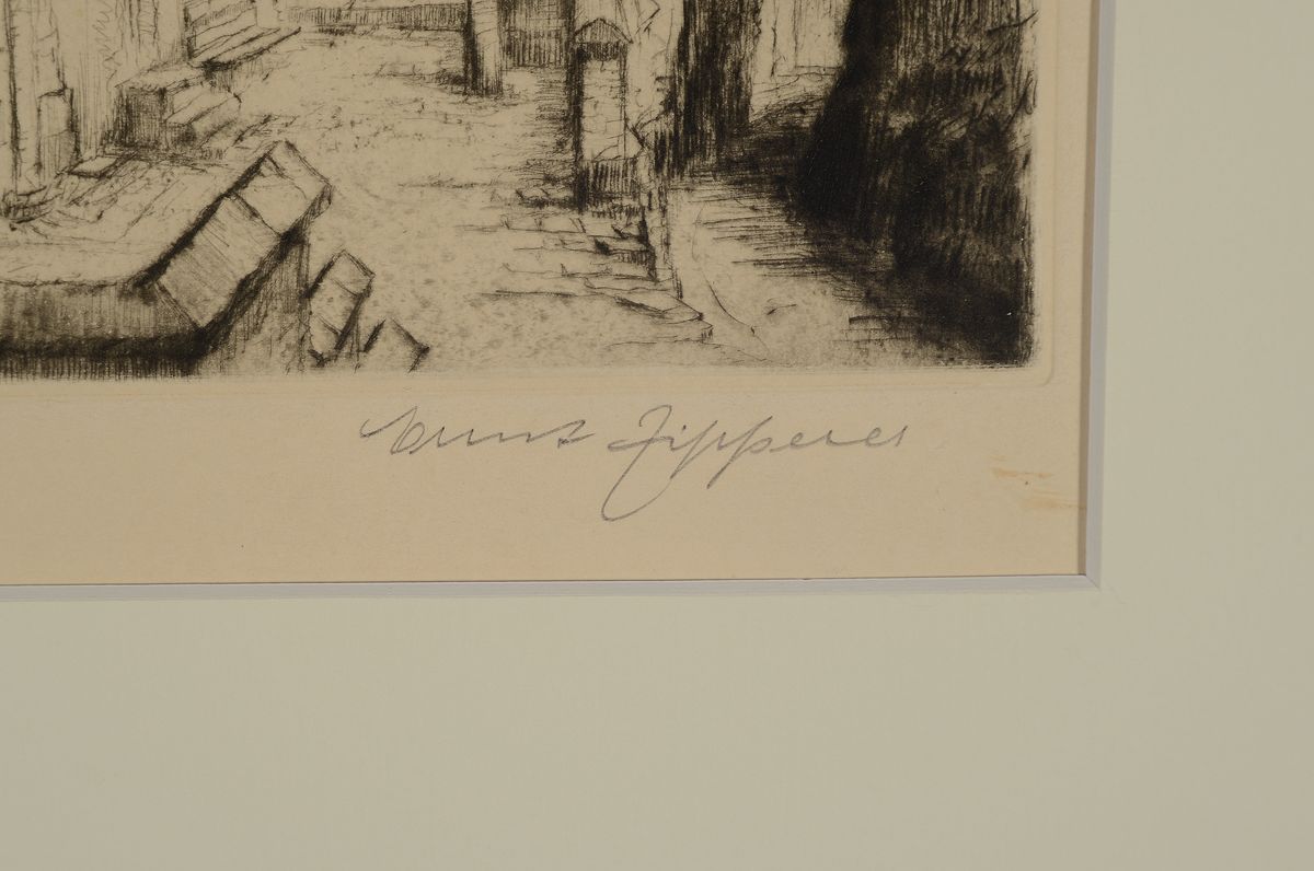 Detail a: Ernst Gustav Zipperer, 1888 Ulm - 1982 Heilbronn, Besuch der Kunstgewerbeschulen Hannover und Kassel, "Im Wartburghof", Kaltnadelradierung, ...