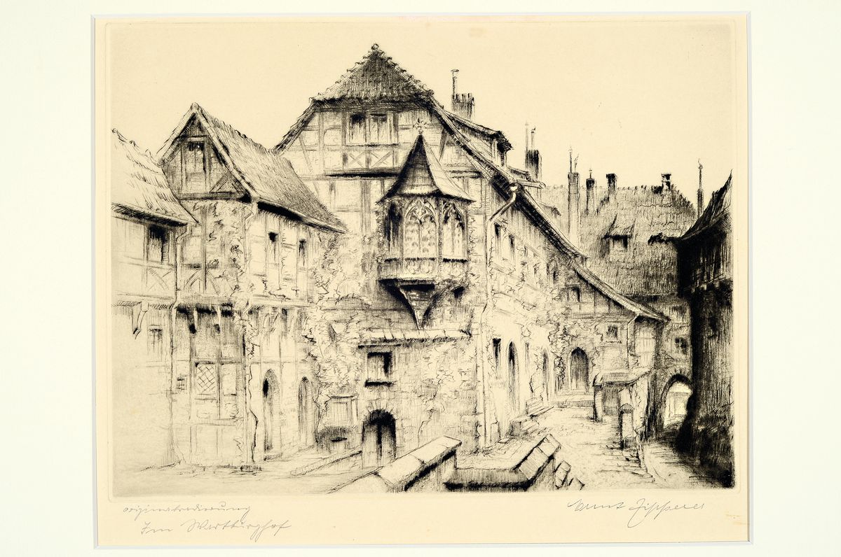 Detail k: Ernst Gustav Zipperer, 1888 Ulm - 1982 Heilbronn, Besuch der Kunstgewerbeschulen Hannover und Kassel, "Im Wartburghof", Kaltnadelradierung, ...
