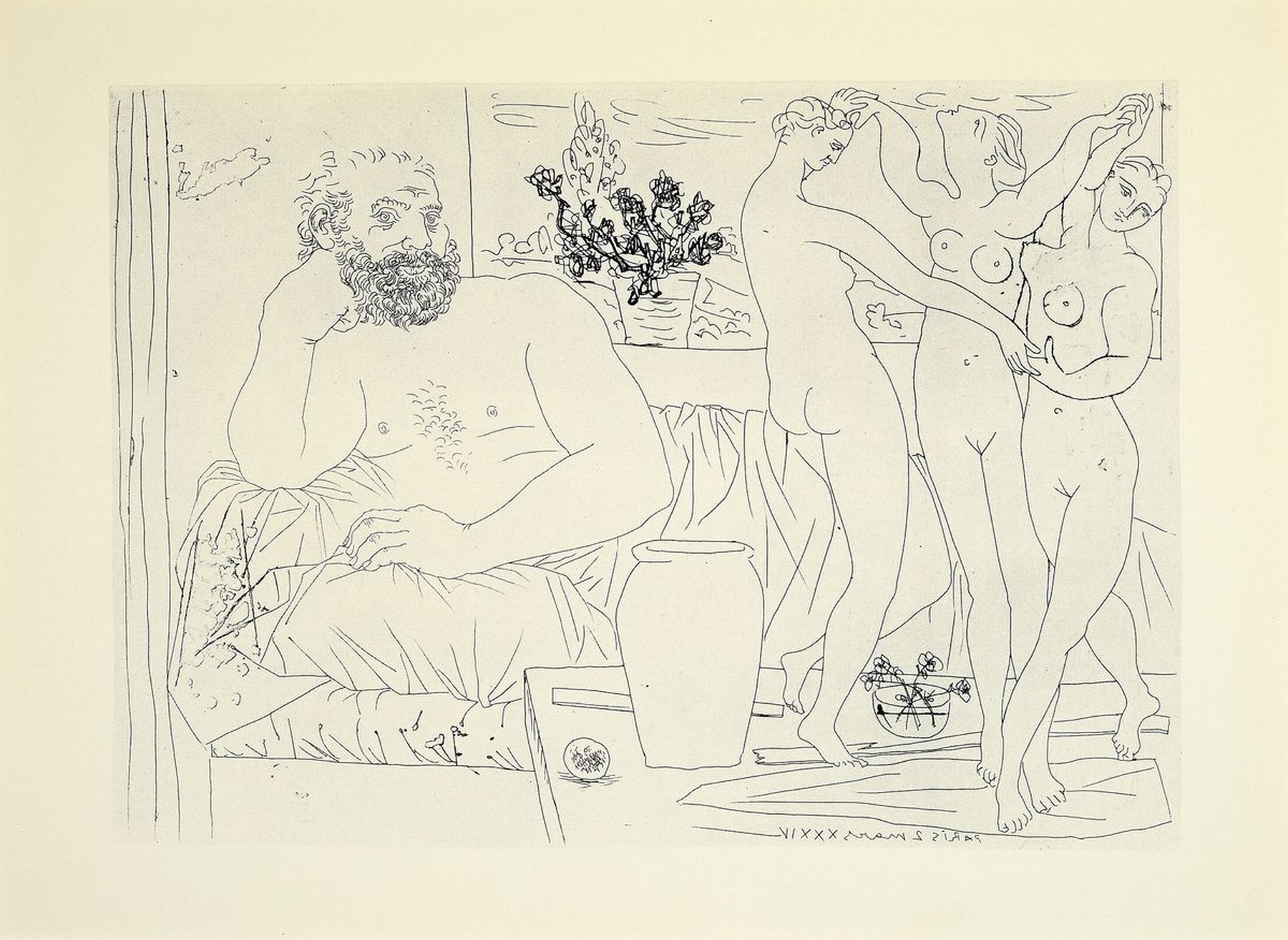Detail a: Pablo Picasso, 1881 Malaga - 1973 Mougins, drei Kunstdrucke aus Picassos Suite Vollard: Bildhauer mit Skulpturengruppe dreier Tänzerinnen, Junge ...
