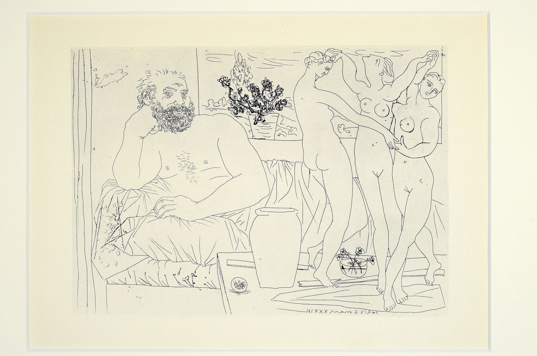 Detail l: Pablo Picasso, 1881 Malaga - 1973 Mougins, drei Kunstdrucke aus Picassos Suite Vollard: Bildhauer mit Skulpturengruppe dreier Tänzerinnen, Junge ...