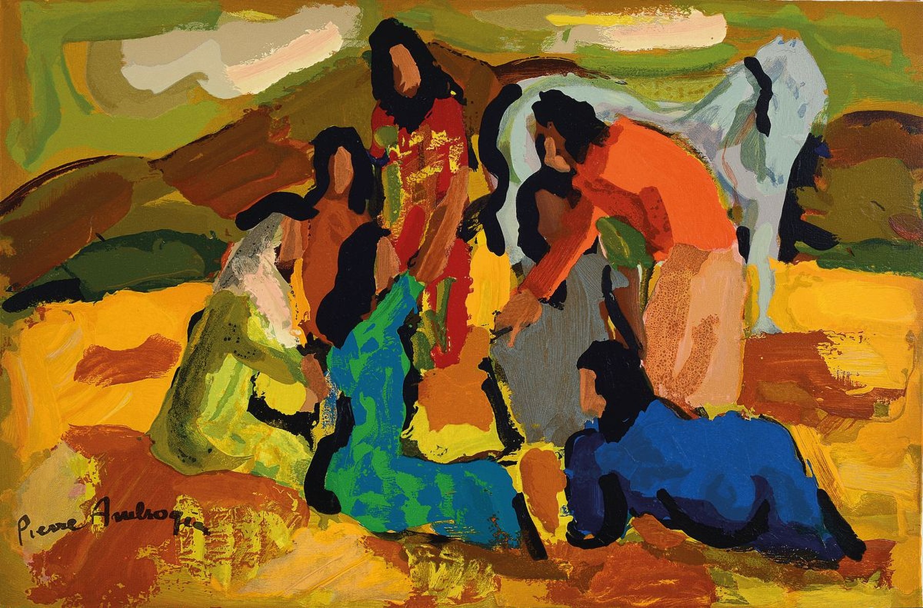 Detail a: Pierre Ambrogiani, 1907 Ajaccio - 1985 Allauch, zwei Farbholzstiche auf Bütten, "Les faucheurs" und "Les gitans", Paris um 1960, ...