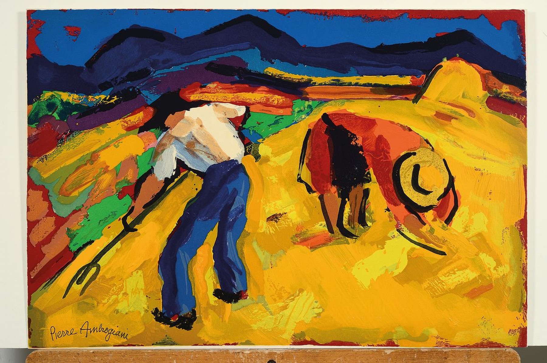 Detail k: Pierre Ambrogiani, 1907 Ajaccio - 1985 Allauch, zwei Farbholzstiche auf Bütten, "Les faucheurs" und "Les gitans", Paris um 1960, ...
