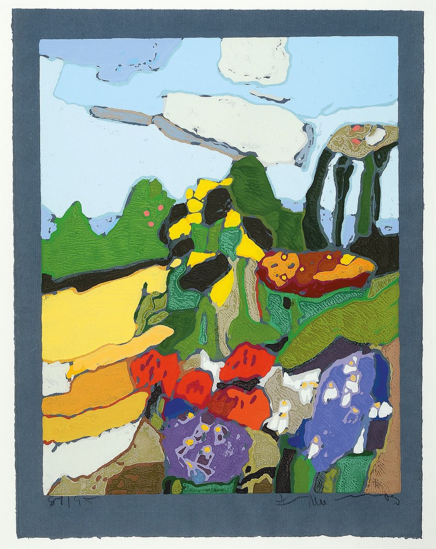 Klaus Fußmann, geb. 1938 Velbert, Landschaft mit Blumen, Farblinolschnitt auf blauem Papier, handsign., num. 81/95, ca. 53x42cm, u.Gl., R. ca. ...