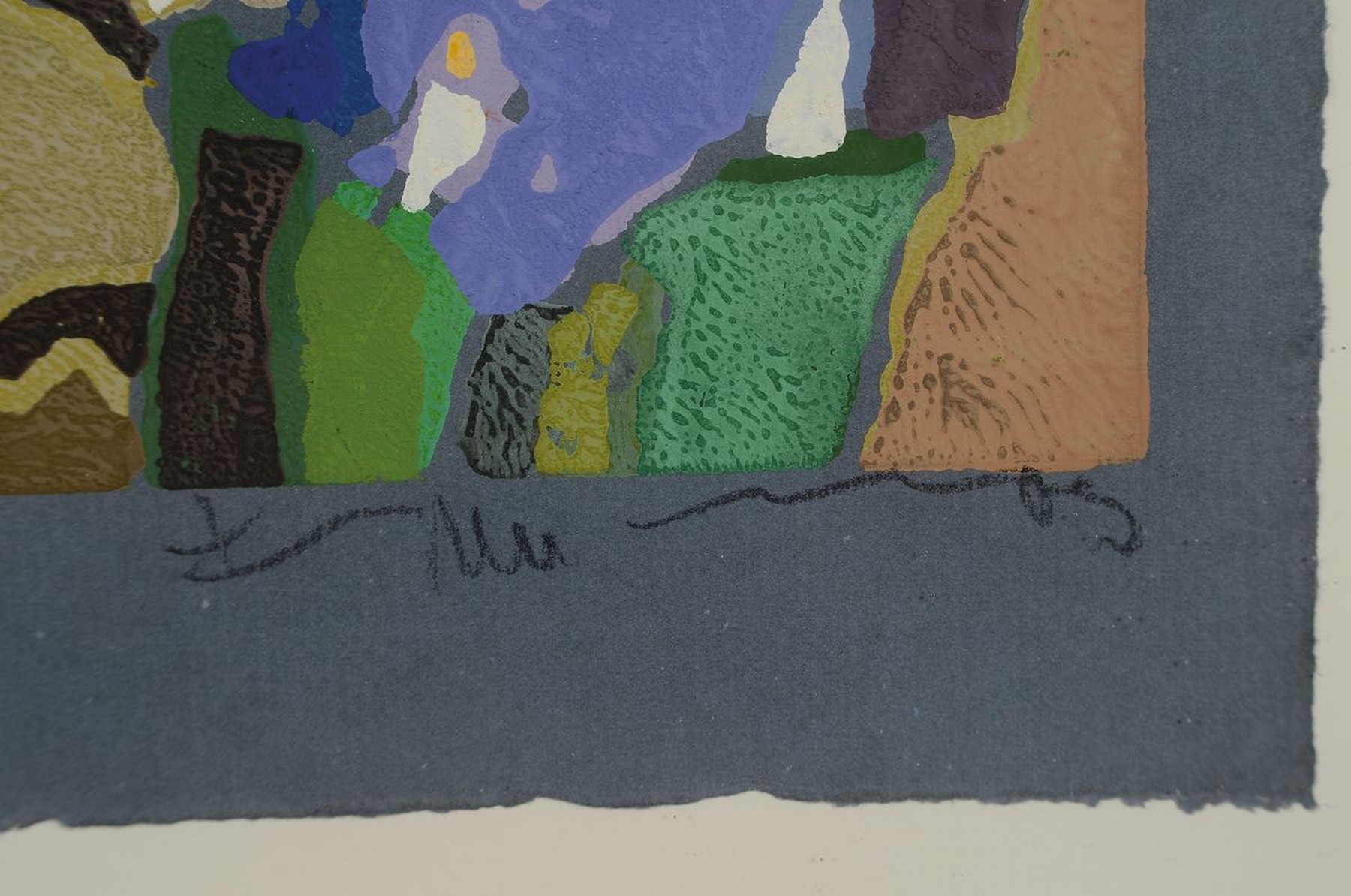 Detail a: Klaus Fußmann, geb. 1938 Velbert, Landschaft mit Blumen, Farblinolschnitt auf blauem Papier, handsign., num. 81/95, ca. 53x42cm, u.Gl., R. ca. ...