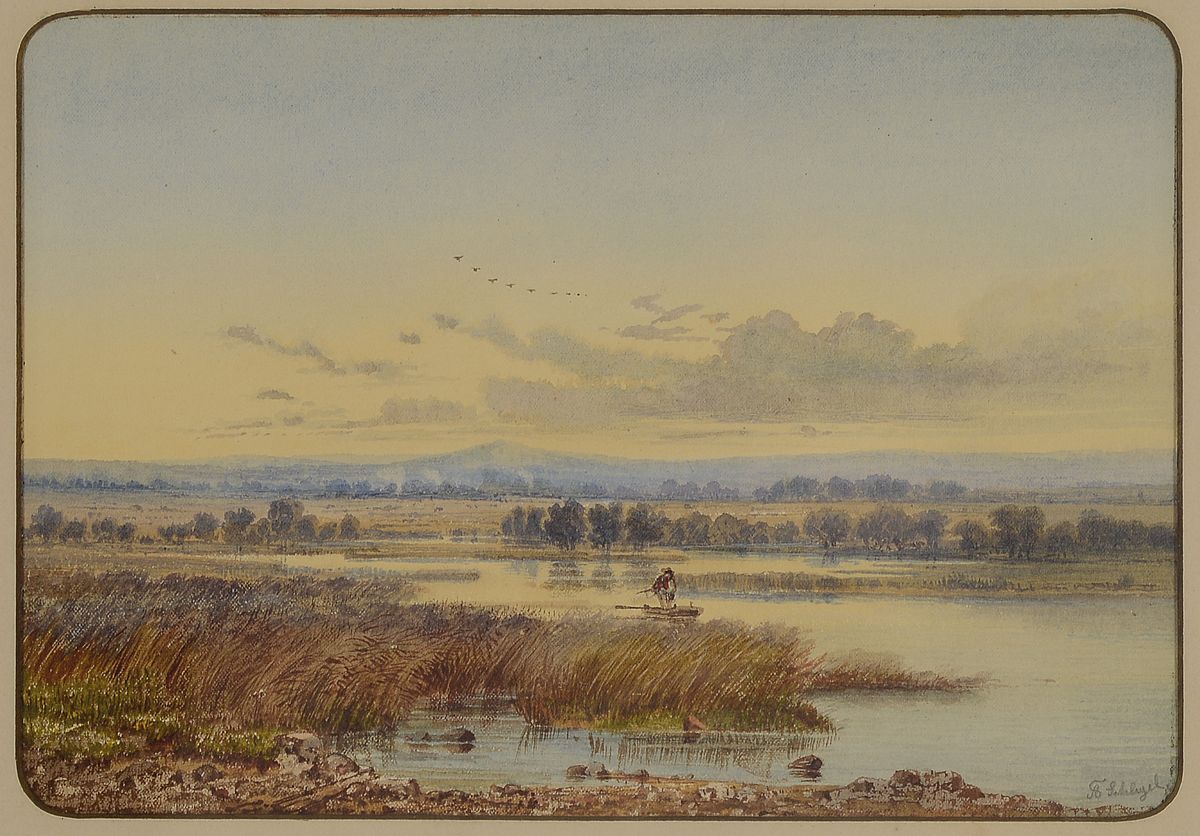 Friedrich August Schlegel, 1828 Heidersdorf-1895 Dresden, Weite Moorlandschaft in den Voralpen, mittig ein Fischer in seinem Kahn, Aquarell auf ...